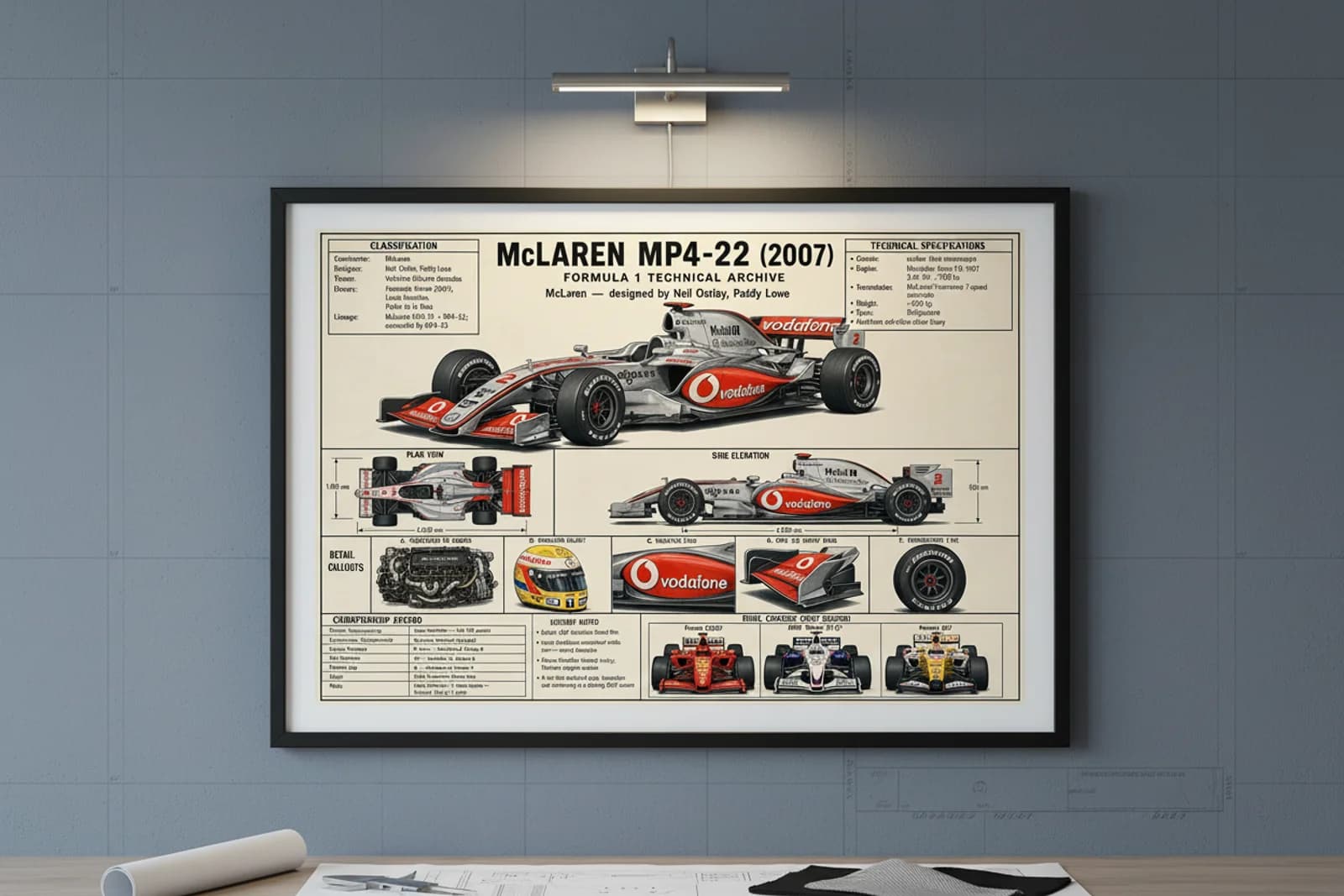 MP4-22 F1 Technical Archive print in black A2 frame on papaya-orange blueprint-indigo wall — engineering studio mockup