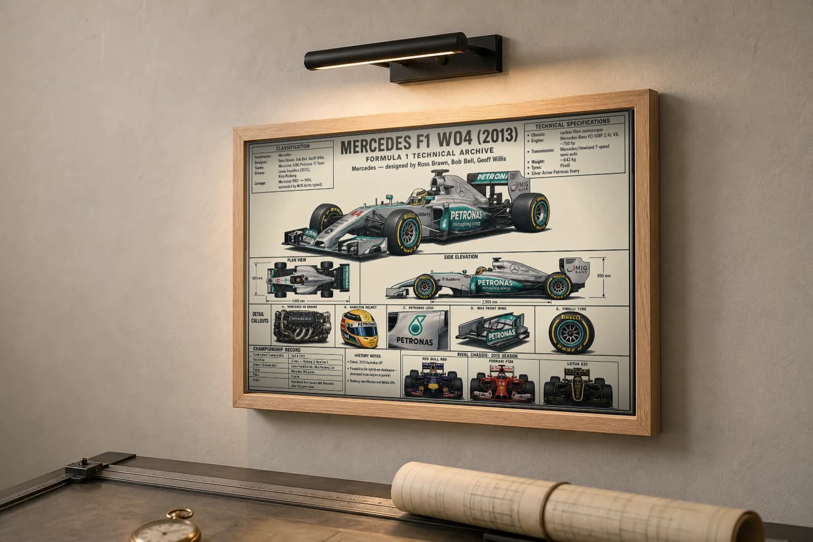 MERCEDES F1 W04 Poster — 2013 F1 Technical Archive Blueprint Wall Art · framed A2 — the framed print shown at a three-quarter angle on a styled gallery wall in a natural-oak frame