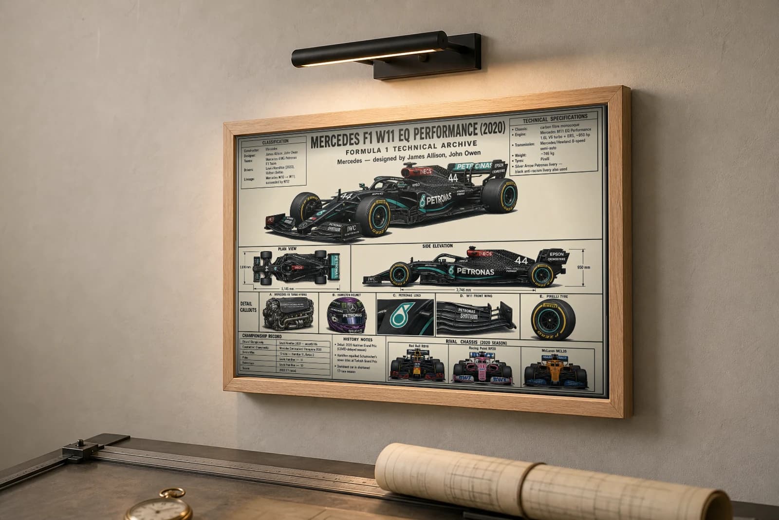 MERCEDES F1 W11 EQ PERFORMANCE Poster — 2020 F1 Technical Archive Blueprint Wall Art · framed A2 — the framed print shown at a three-quarter angle on a styled gallery wall in a natural-oak frame