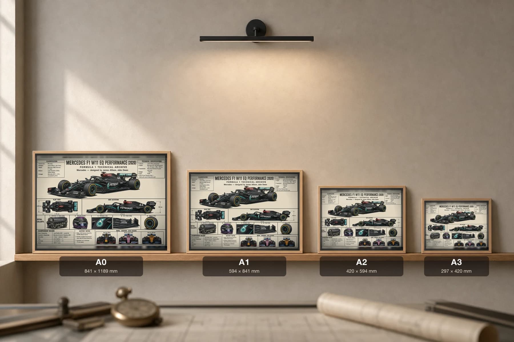 MERCEDES F1 W11 EQ PERFORMANCE Poster — 2020 F1 Technical Archive Blueprint Wall Art · framed A2 — print size guide showing the artwork at A0, A1, A2 and A3 in natural-oak frames at true relative scale