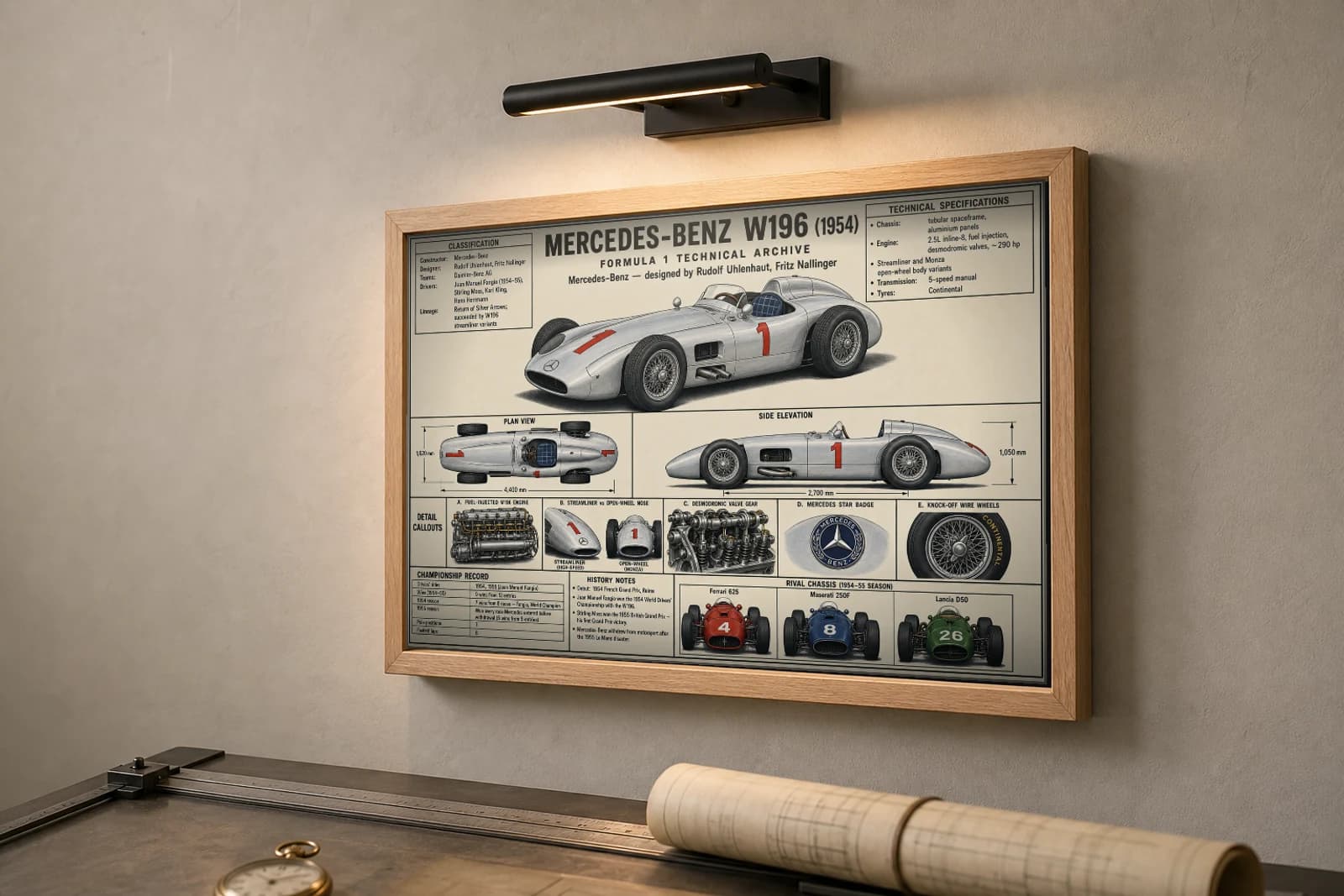 MERCEDES-BENZ W196 Poster — 1954 F1 Technical Archive Blueprint Wall Art · framed A2 — the framed print shown at a three-quarter angle on a styled gallery wall in a natural-oak frame