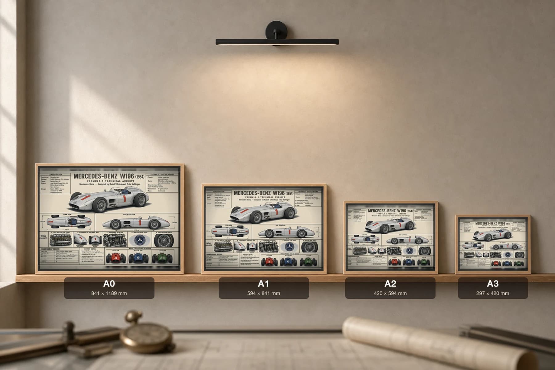 MERCEDES-BENZ W196 Poster — 1954 F1 Technical Archive Blueprint Wall Art · framed A2 — print size guide showing the artwork at A0, A1, A2 and A3 in natural-oak frames at true relative scale