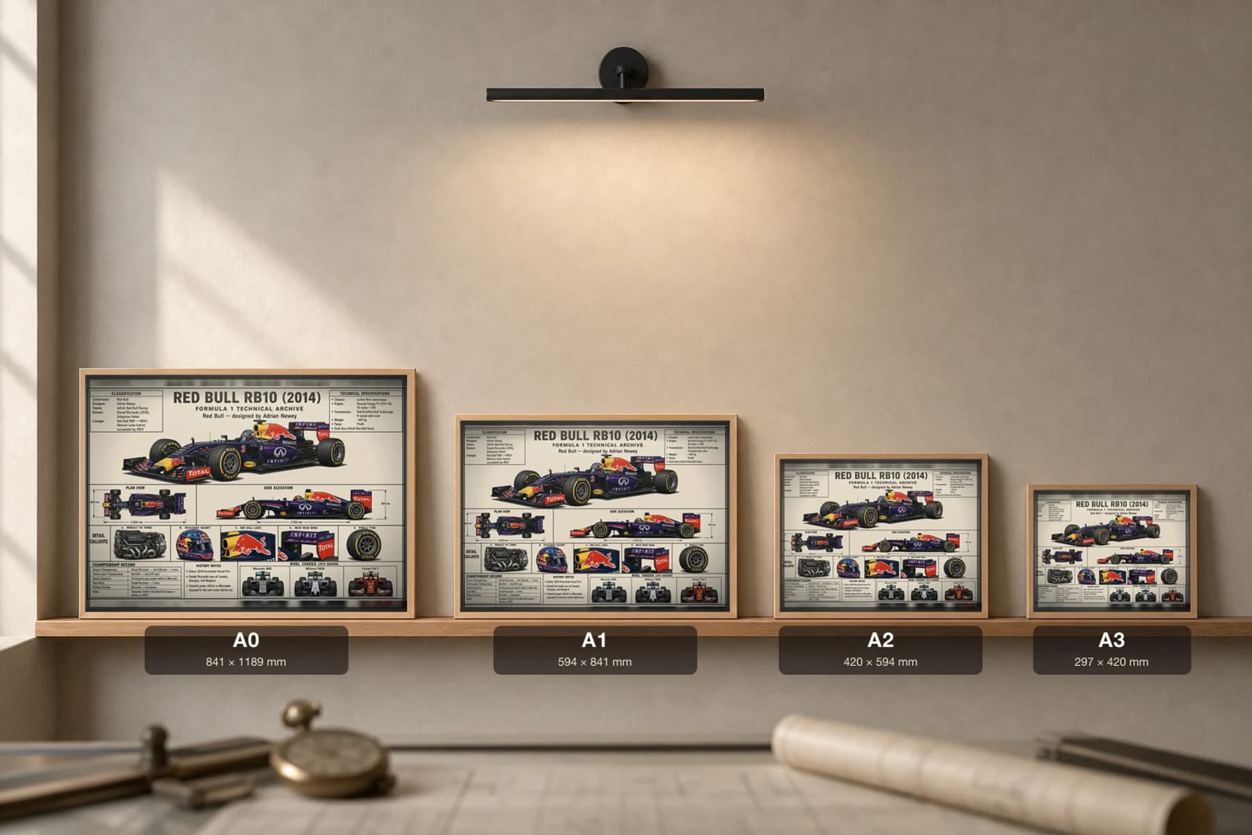 RED BULL RB10 Poster — 2014 F1 Technical Archive Blueprint Wall Art · framed A2 — print size guide showing the artwork at A0, A1, A2 and A3 in natural-oak frames at true relative scale