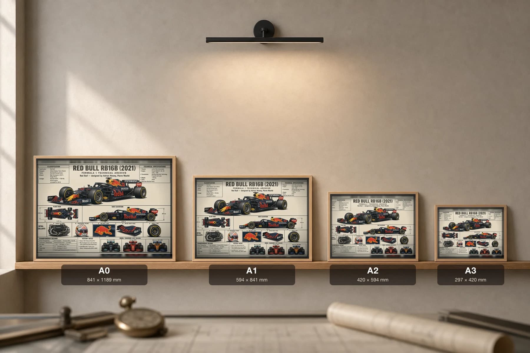 RED BULL RB16B Poster — 2021 F1 Technical Archive Blueprint Wall Art · framed A2 — print size guide showing the artwork at A0, A1, A2 and A3 in natural-oak frames at true relative scale