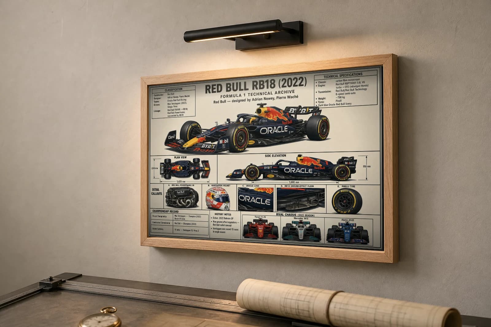 RED BULL RB18 Poster — 2022 F1 Technical Archive Blueprint Wall Art · framed A2 — the framed print shown at a three-quarter angle on a styled gallery wall in a natural-oak frame