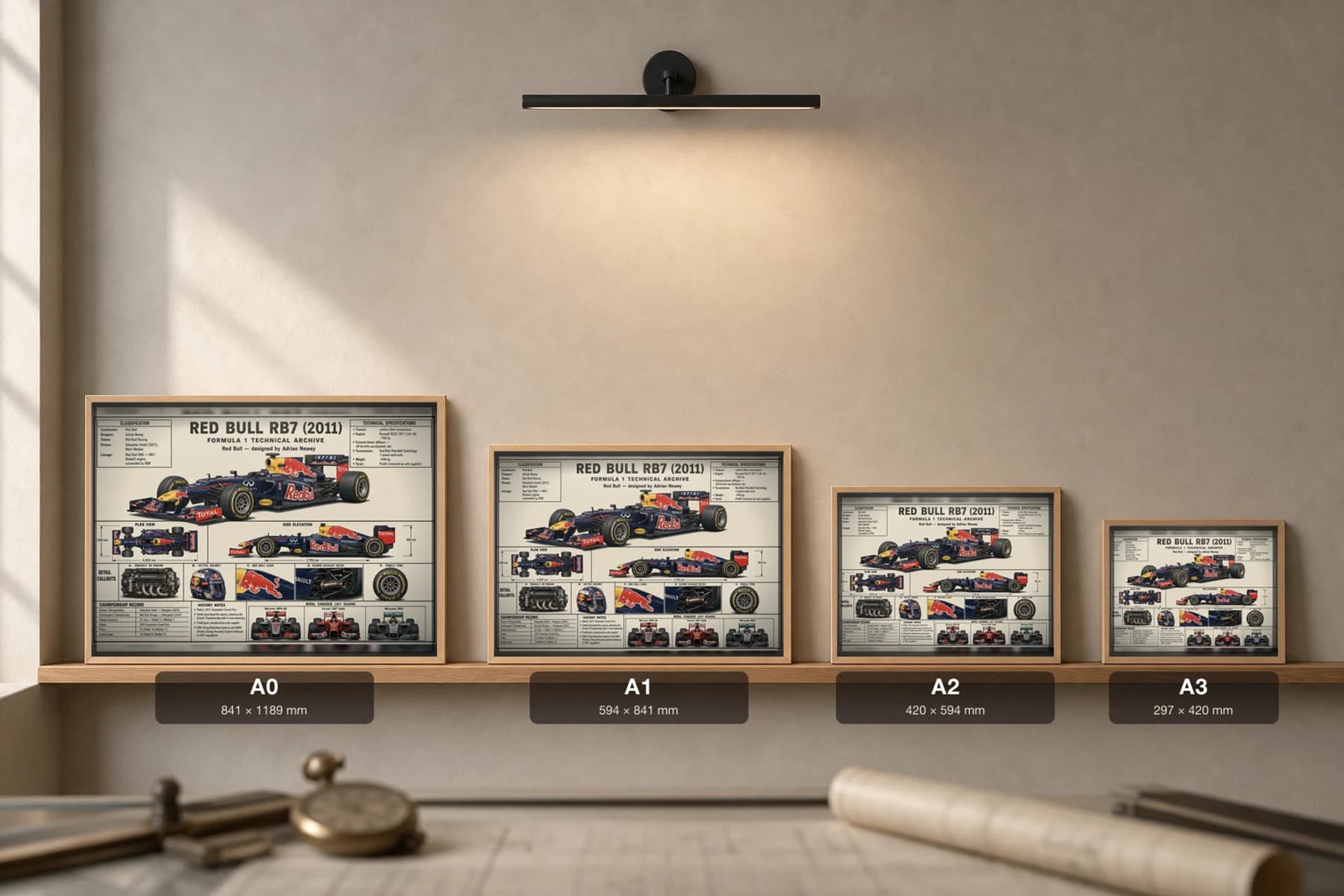 RED BULL RB7 Poster — 2011 F1 Technical Archive Blueprint Wall Art · framed A2 — print size guide showing the artwork at A0, A1, A2 and A3 in natural-oak frames at true relative scale