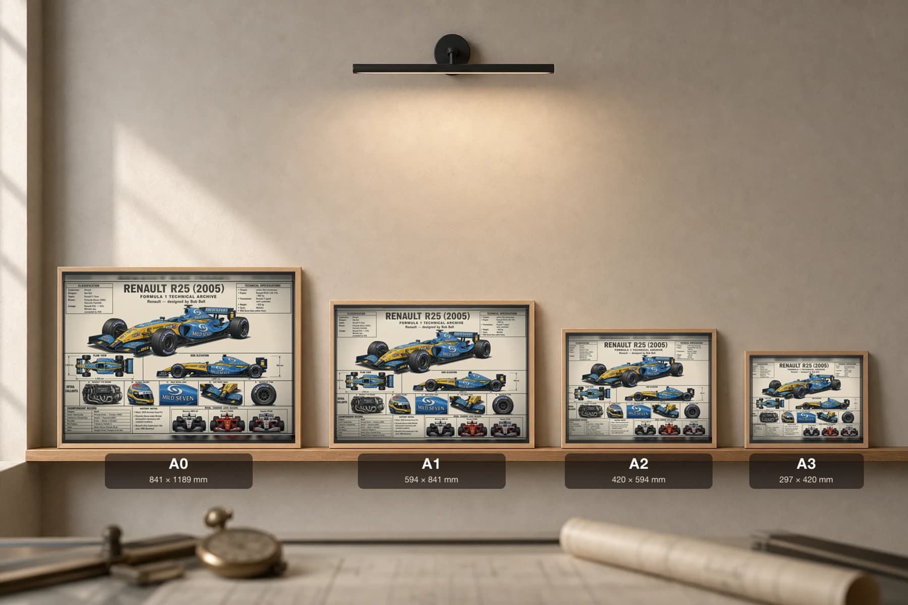 RENAULT R25 Poster — 2005 F1 Technical Archive Blueprint Wall Art · framed A2 — print size guide showing the artwork at A0, A1, A2 and A3 in natural-oak frames at true relative scale
