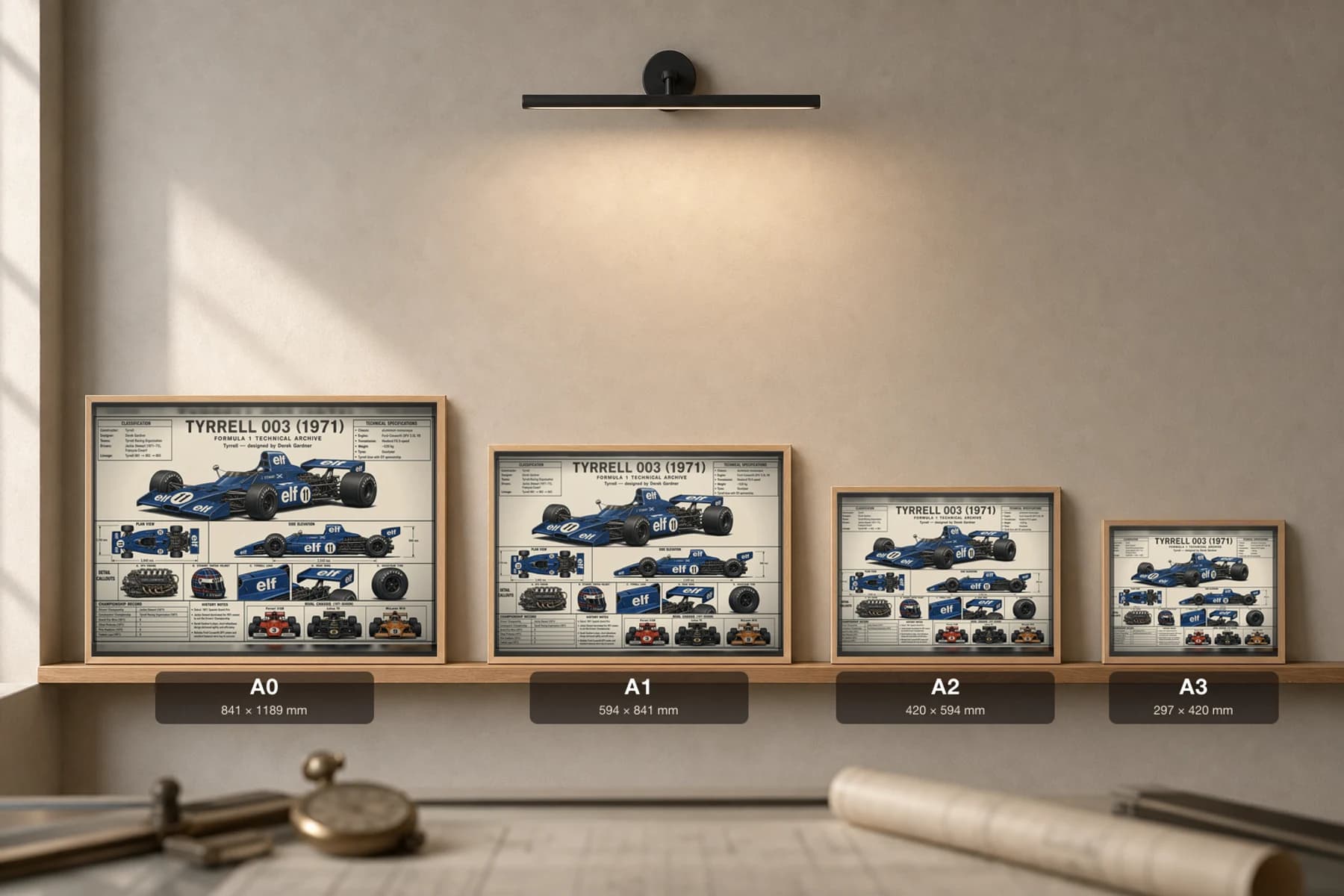 TYRRELL 003 Poster — 1971 F1 Technical Archive Blueprint Wall Art · framed A2 — print size guide showing the artwork at A0, A1, A2 and A3 in natural-oak frames at true relative scale