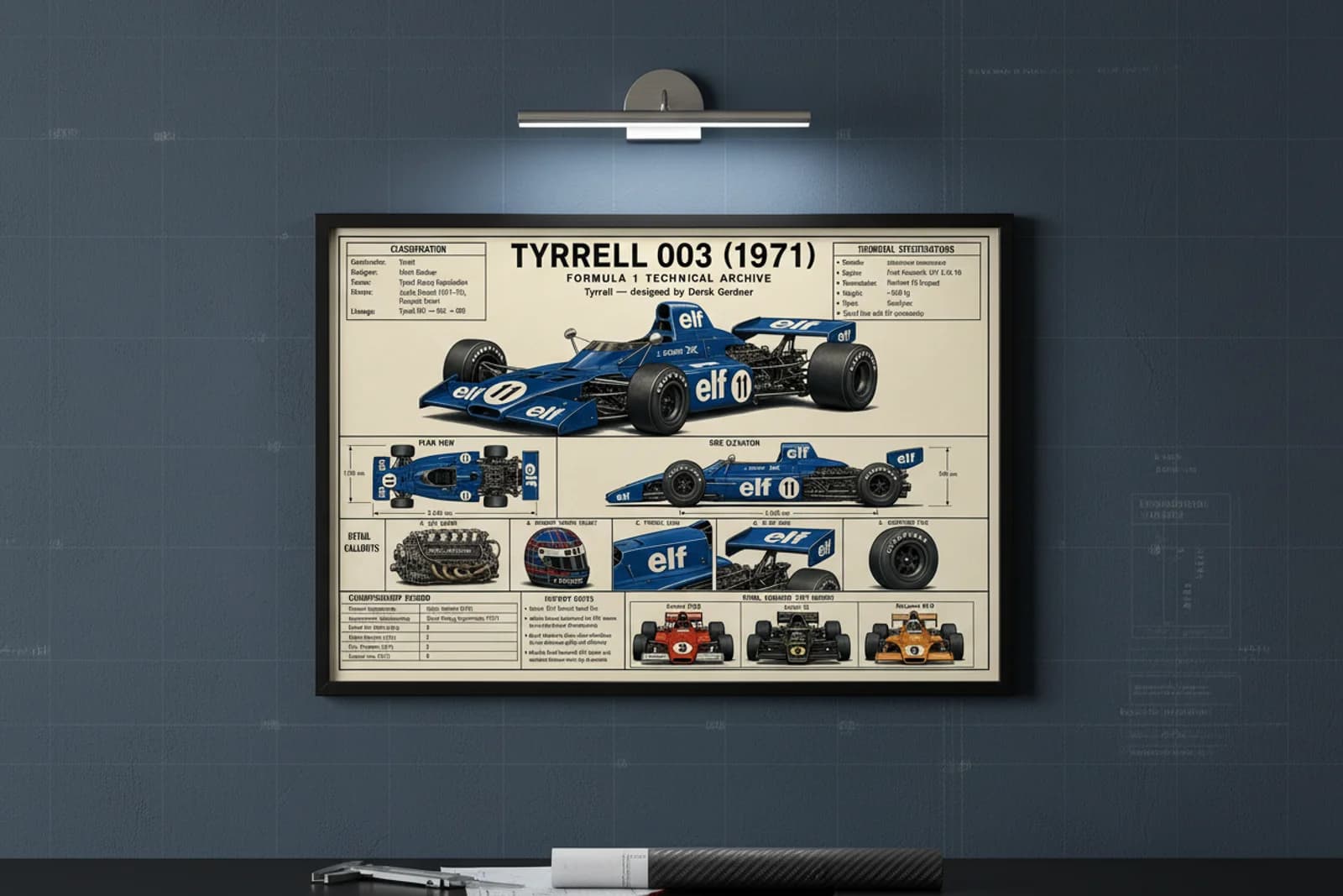 003 F1 Technical Archive print in black A2 frame on tyrrell-green blueprint-indigo wall — engineering studio mockup