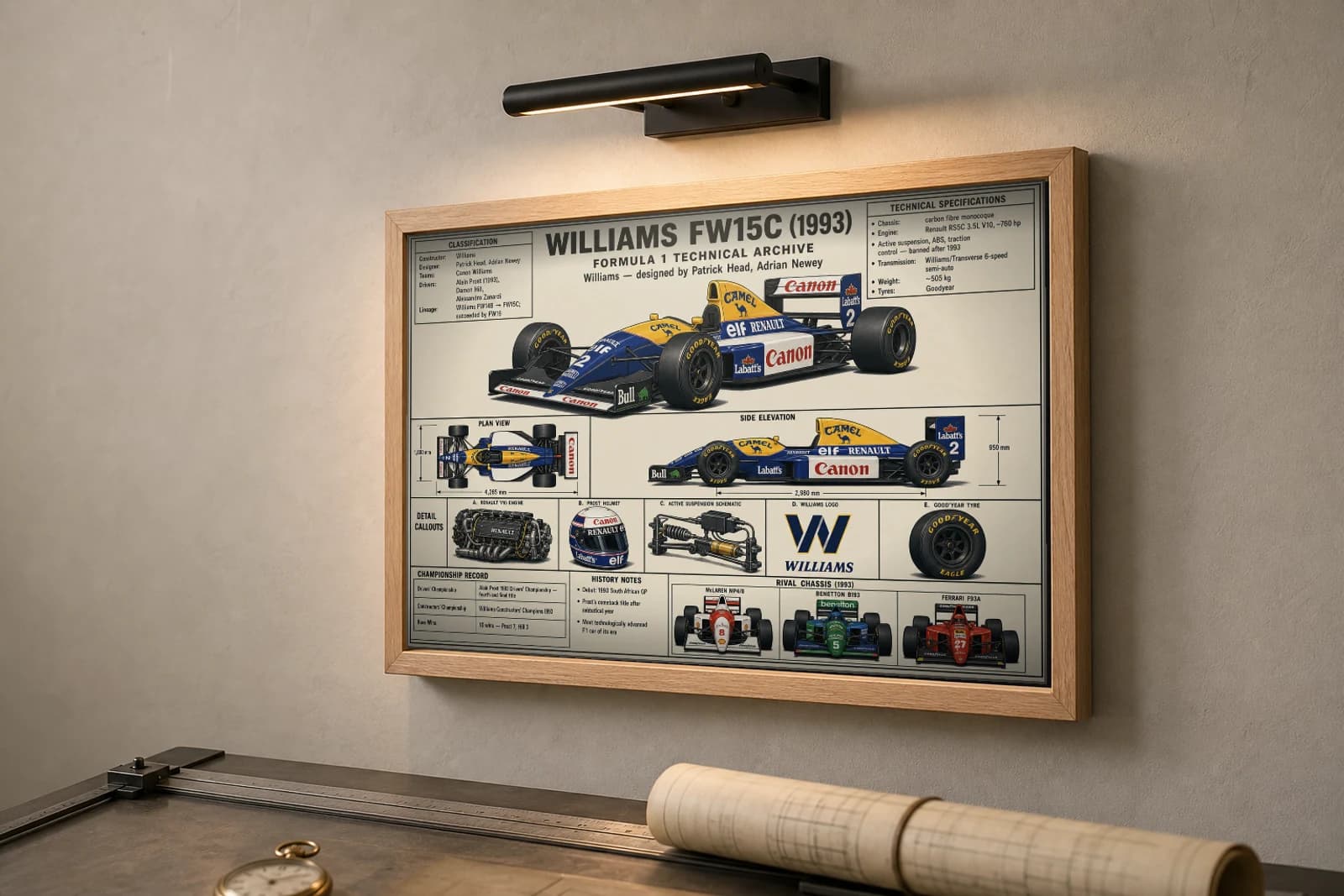 WILLIAMS FW15C Poster — 1993 F1 Technical Archive Blueprint Wall Art · framed A2 — the framed print shown at a three-quarter angle on a styled gallery wall in a natural-oak frame