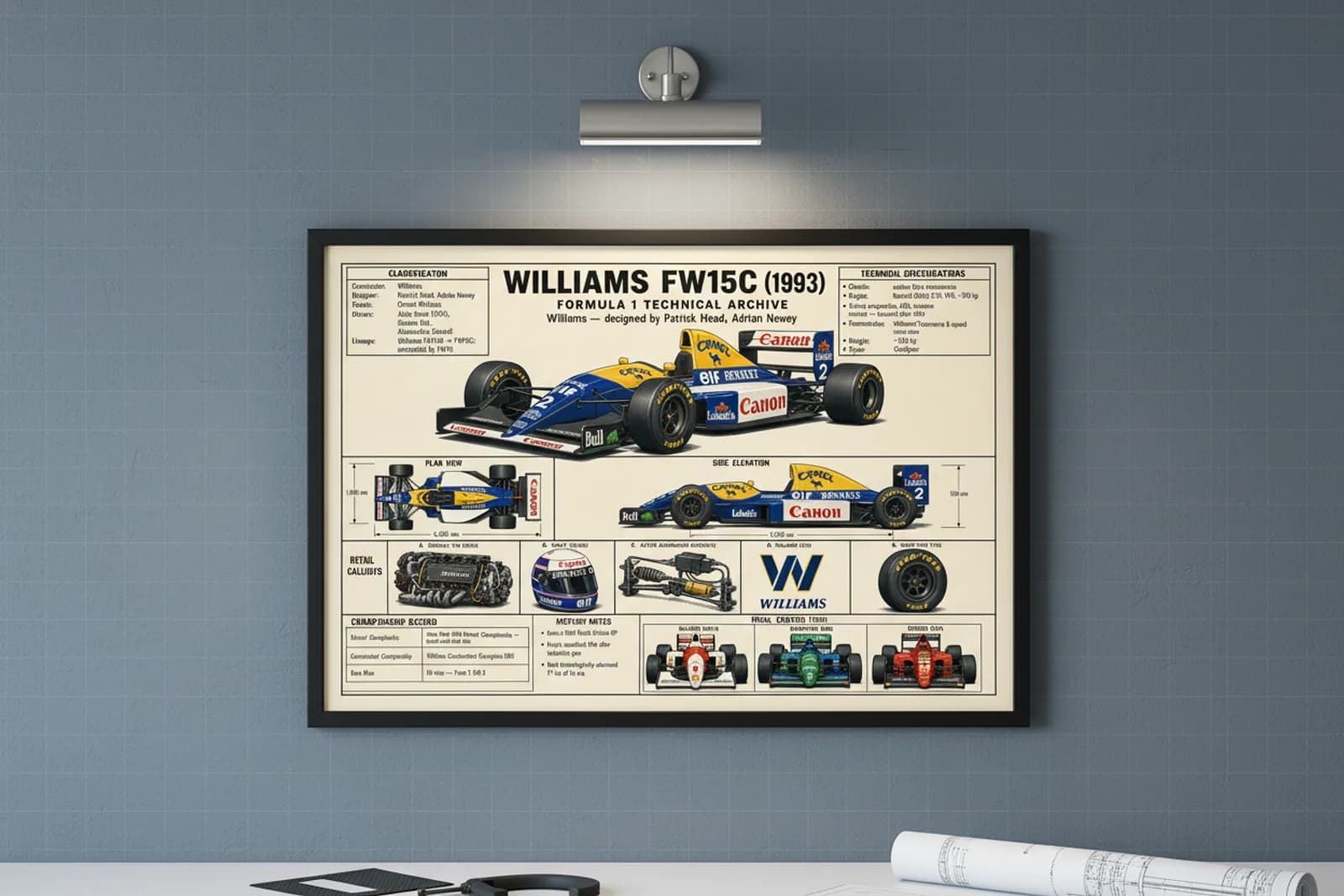 FW15C F1 Technical Archive print in black A2 frame on williams-blue blueprint-indigo wall — engineering studio mockup