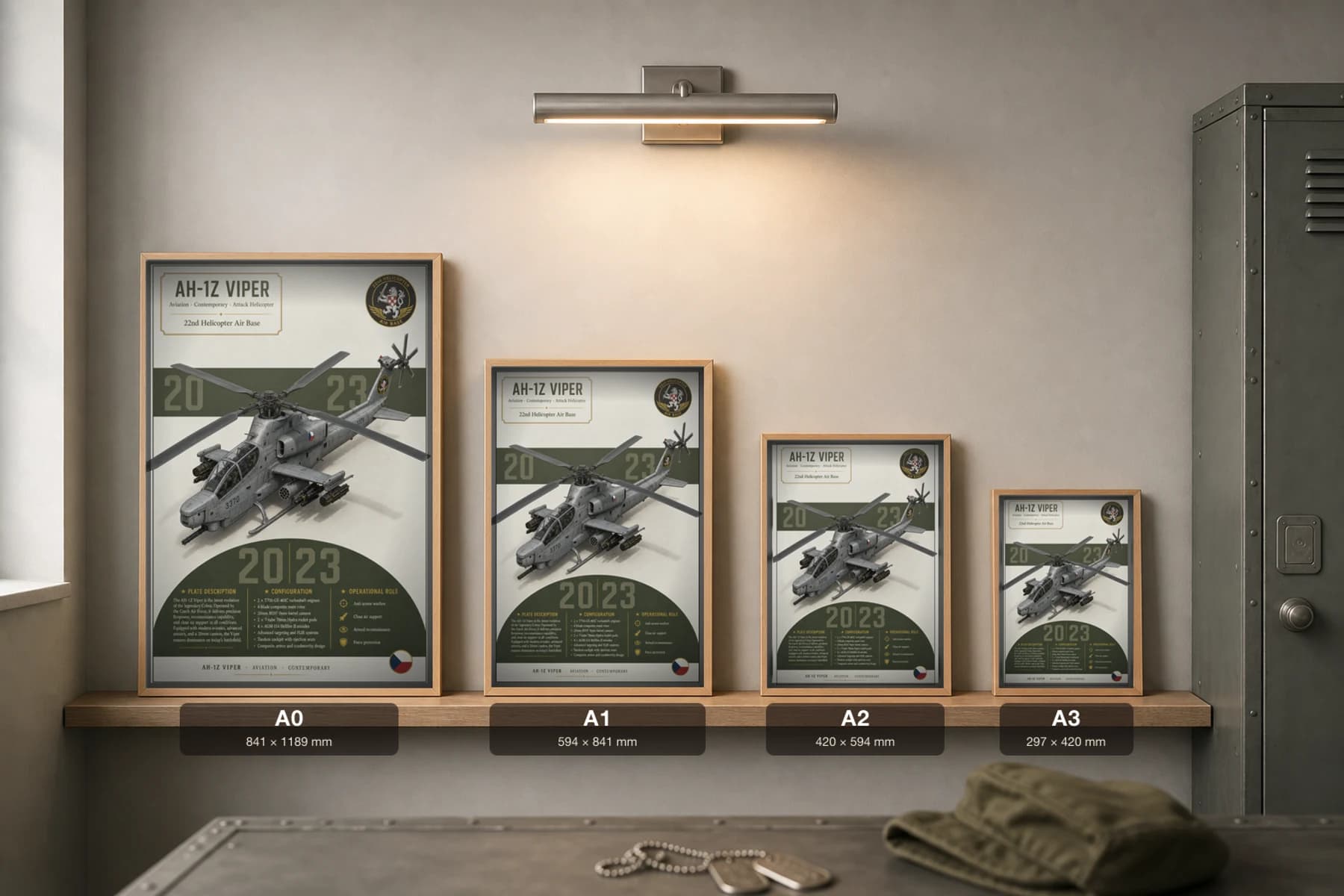 AH-1Z Viper Poster — 22nd Helicopter Air Base military aviation wall art · framed A2 · 2023 — print size guide showing the artwork at A0, A1, A2 and A3 in natural-oak frames at true relative scale