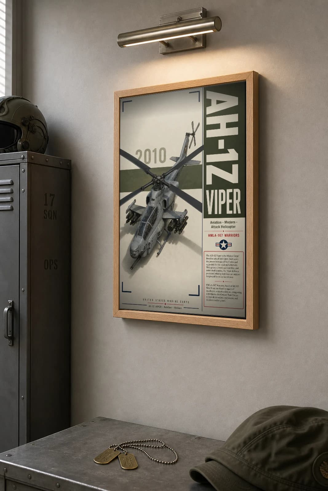 Bell AH-1Z Viper Poster — HMLA-167 Warriors military aviation wall art · framed A2 · 2010 — the framed print shown at a three-quarter angle on a styled gallery wall in a natural-oak frame