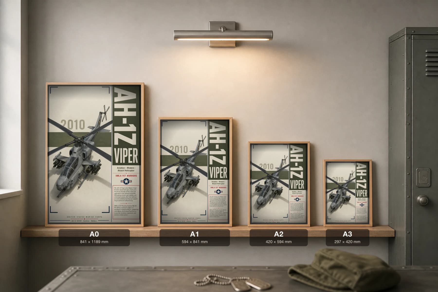 Bell AH-1Z Viper Poster — HMLA-167 Warriors military aviation wall art · framed A2 · 2010 — print size guide showing the artwork at A0, A1, A2 and A3 in natural-oak frames at true relative scale