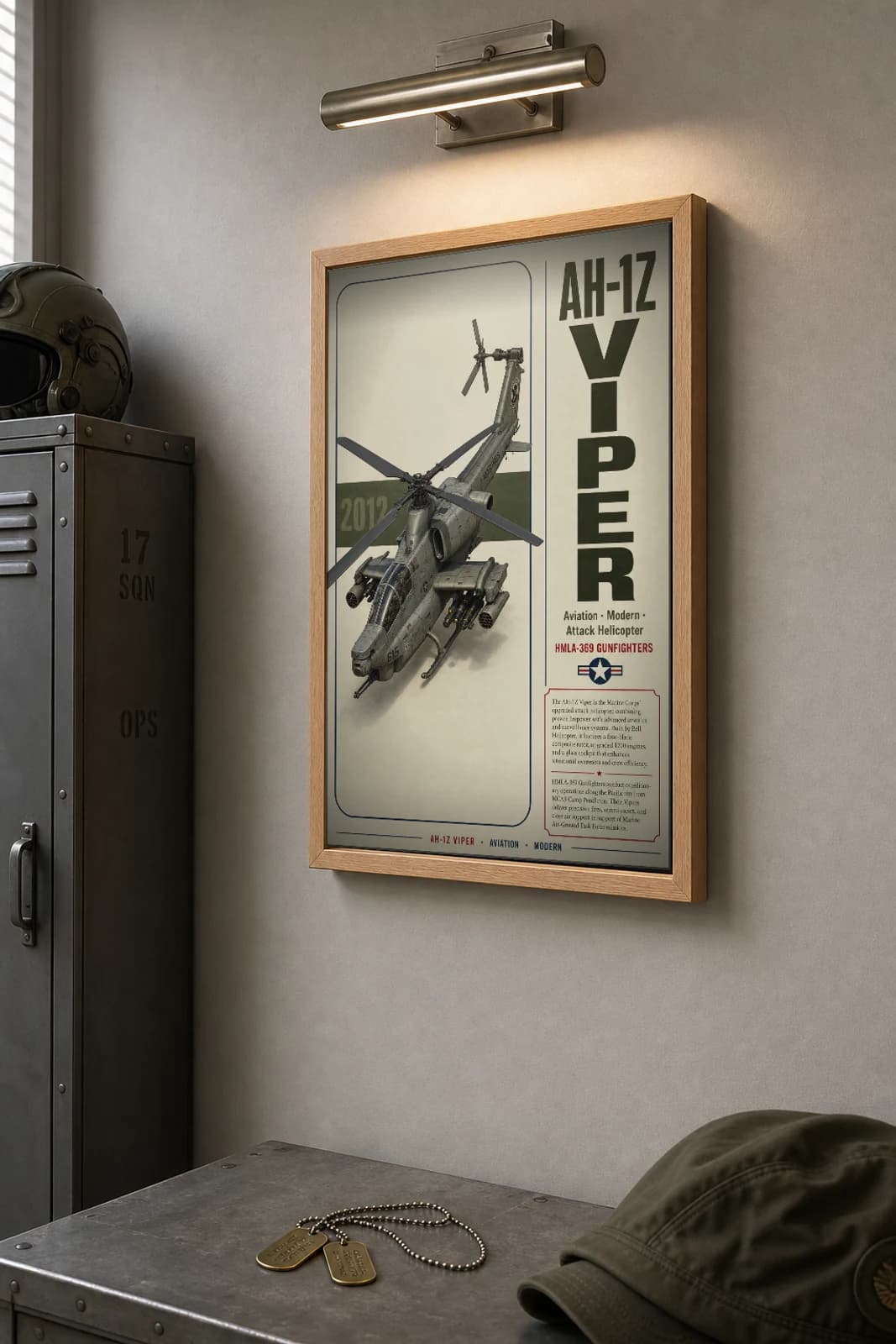 AH-1Z Viper Poster — HMLA-369 Gunfighters military aviation wall art · framed A2 · 2012 — the framed print shown at a three-quarter angle on a styled gallery wall in a natural-oak frame