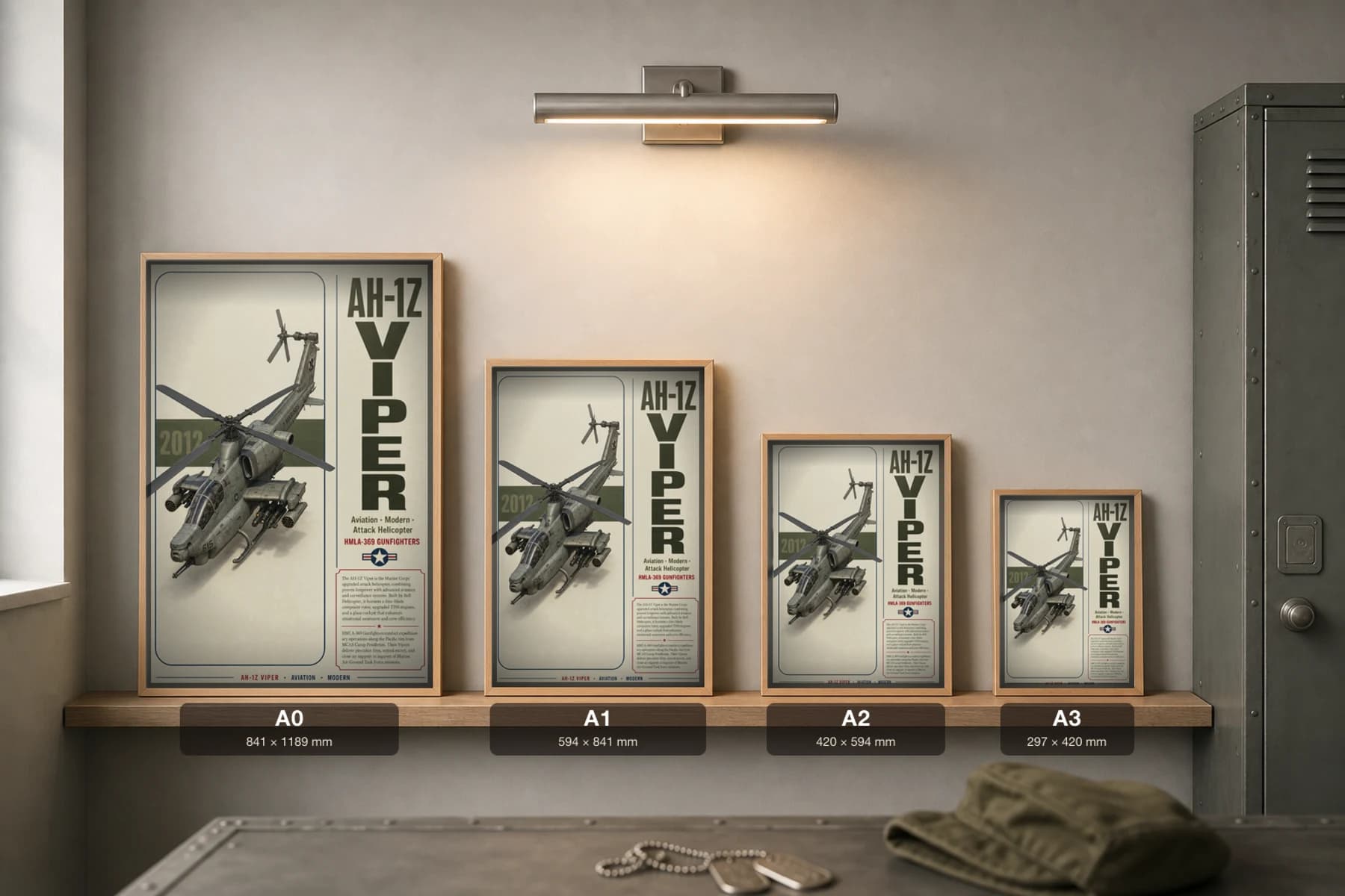 AH-1Z Viper Poster — HMLA-369 Gunfighters military aviation wall art · framed A2 · 2012 — print size guide showing the artwork at A0, A1, A2 and A3 in natural-oak frames at true relative scale