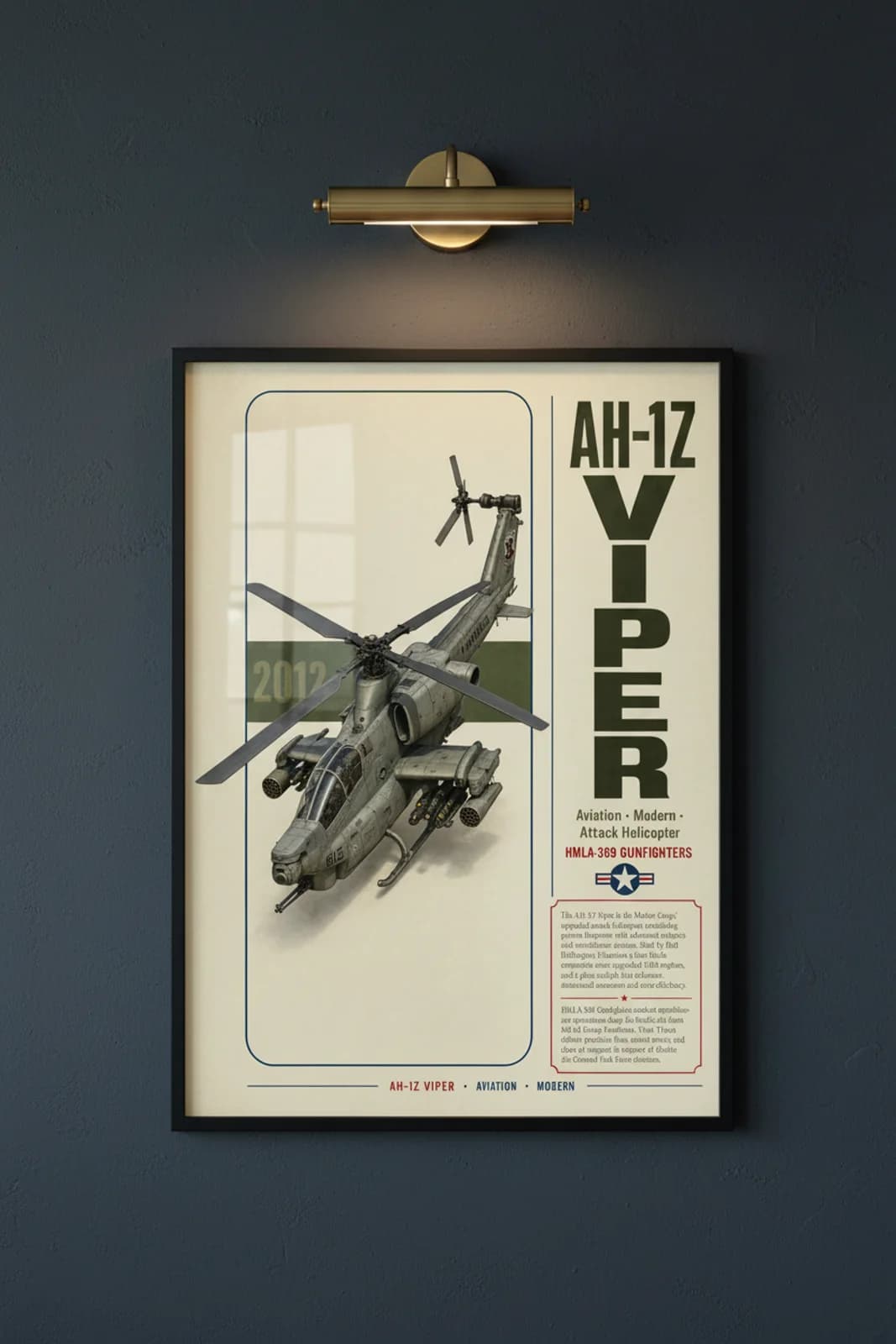 AH-1Z Viper aviation poster in black A2 frame on usmc-grey navy hangar wall — Aviation Heroes mockup