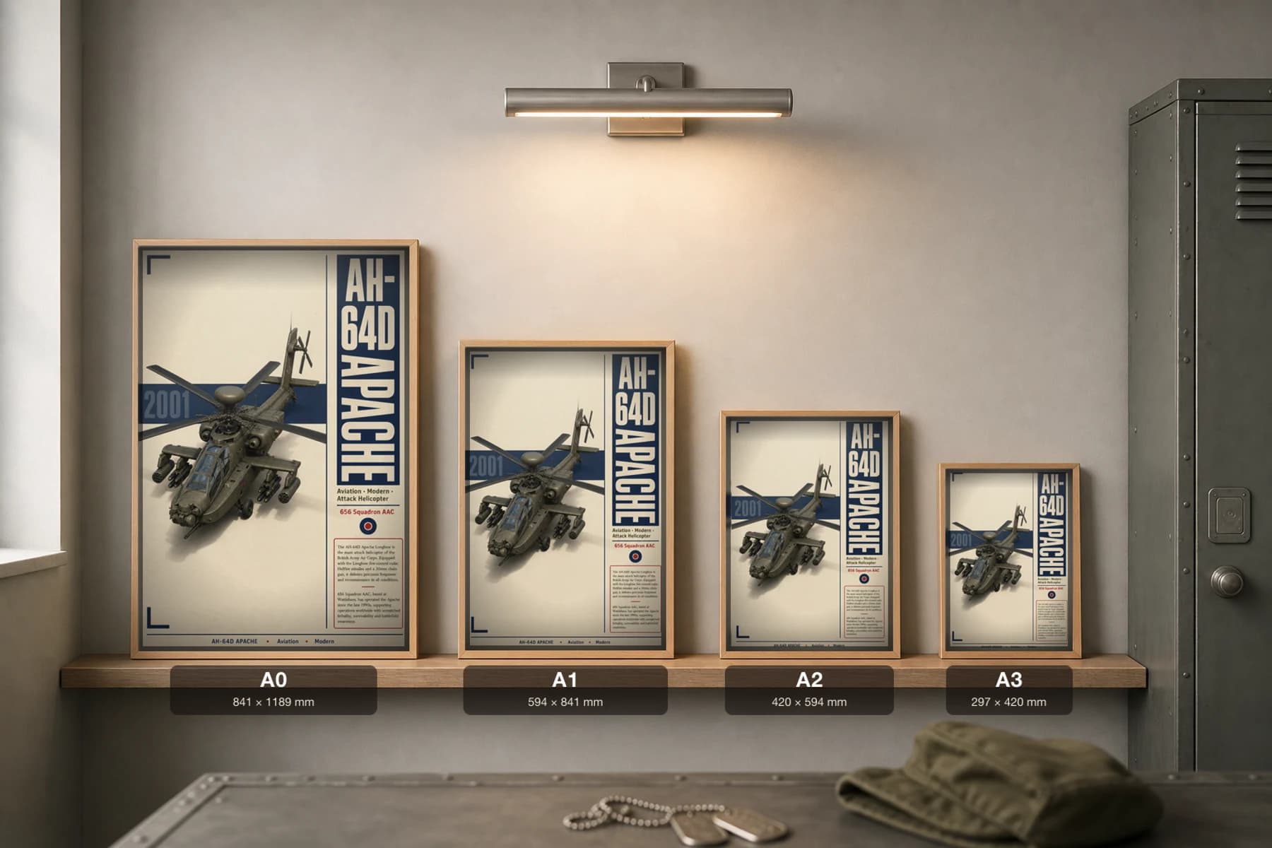 AH-64D Apache Poster — 656 Squadron AAC military aviation wall art · framed A2 · 2001 — print size guide showing the artwork at A0, A1, A2 and A3 in natural-oak frames at true relative scale