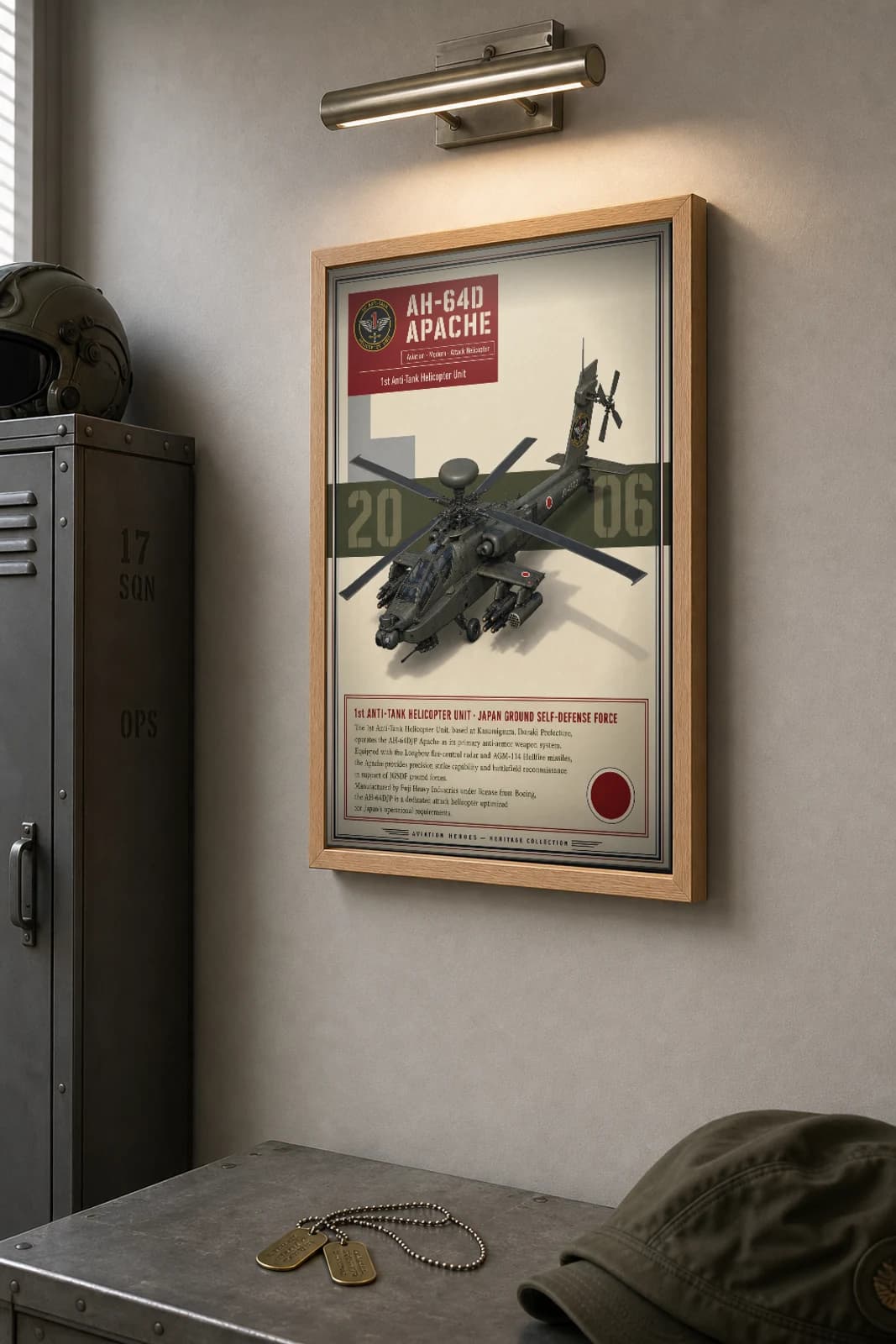 AH-64D Apache Poster — 1st Anti-Tank Helicopter Unit military aviation wall art · framed A2 · 2006 — the framed print shown at a three-quarter angle on a styled gallery wall in a natural-oak frame