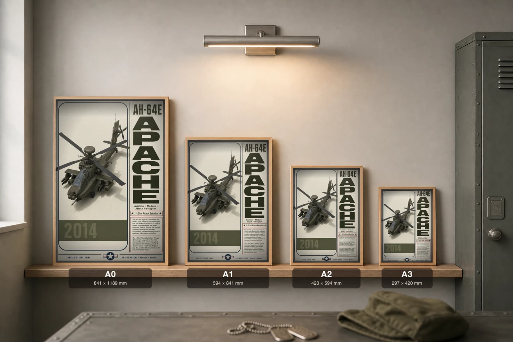 AH-64E Apache Poster — 1-101st Attack Battalion military aviation wall art · framed A2 · 2014 — print size guide showing the artwork at A0, A1, A2 and A3 in natural-oak frames at true relative scale