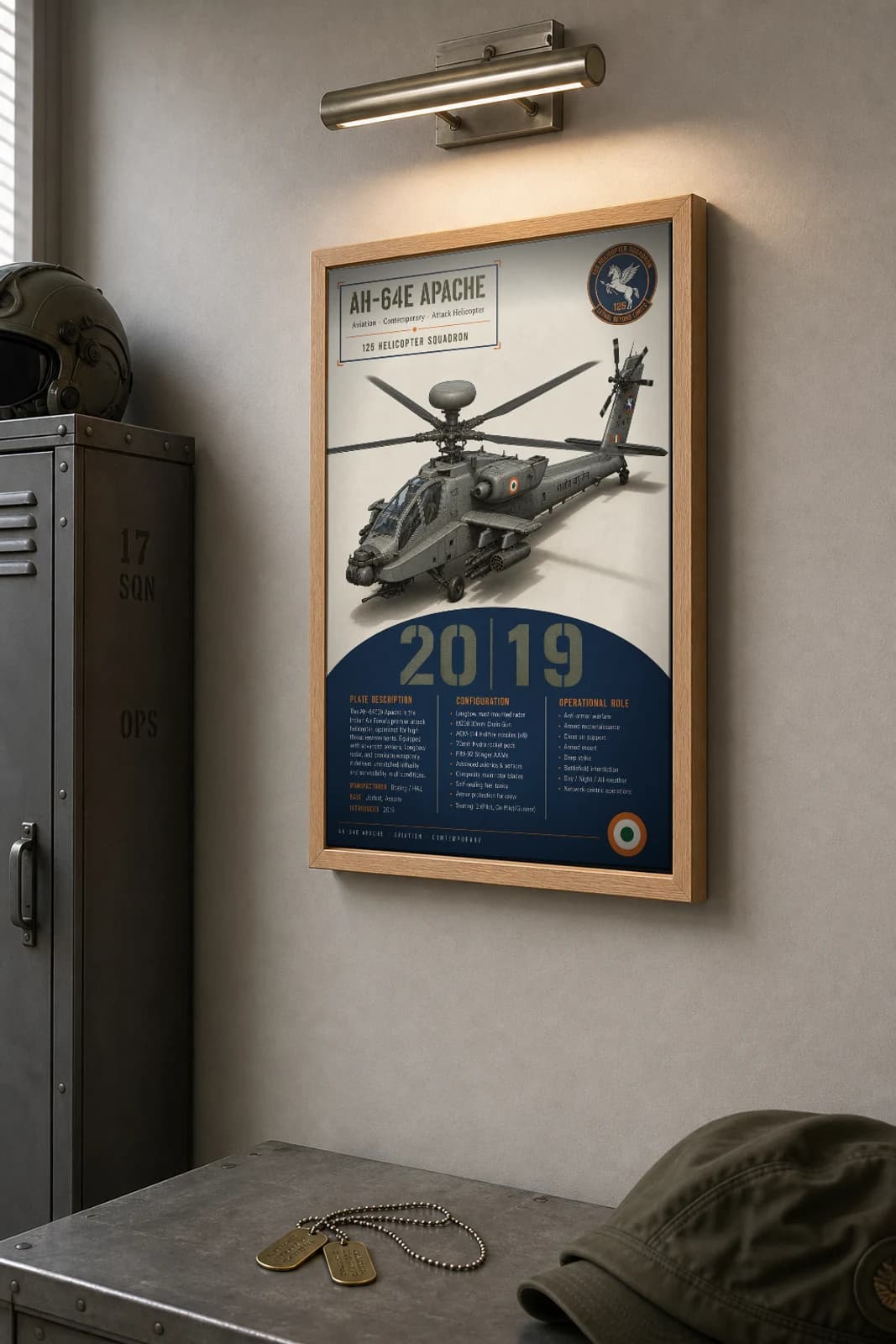 AH-64E Apache Poster — 125 Helicopter Squadron military aviation wall art · framed A2 · 2019 — the framed print shown at a three-quarter angle on a styled gallery wall in a natural-oak frame