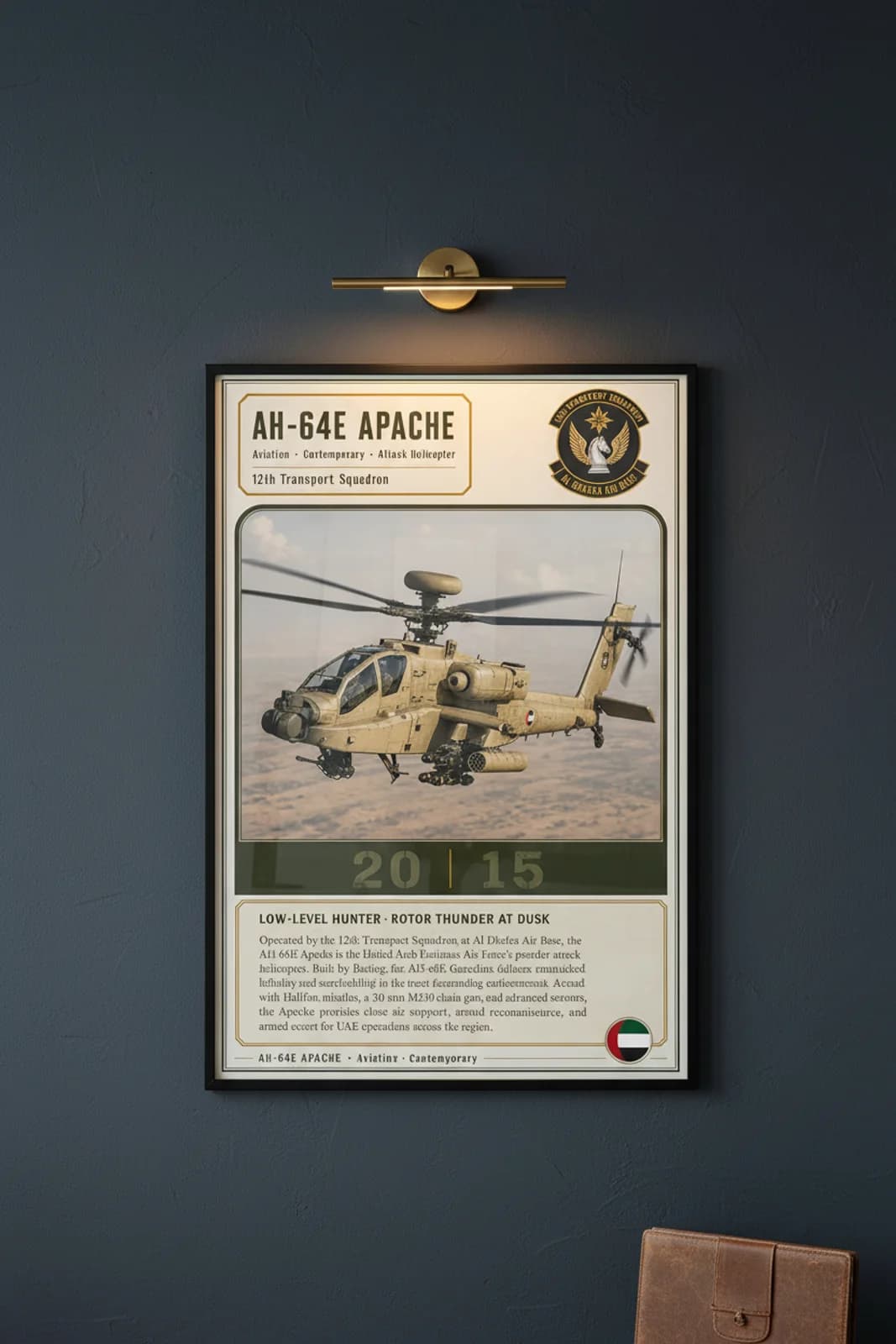 AH-64E Apache aviation poster in black A2 frame on desert-tan navy hangar wall — Aviation Heroes mockup