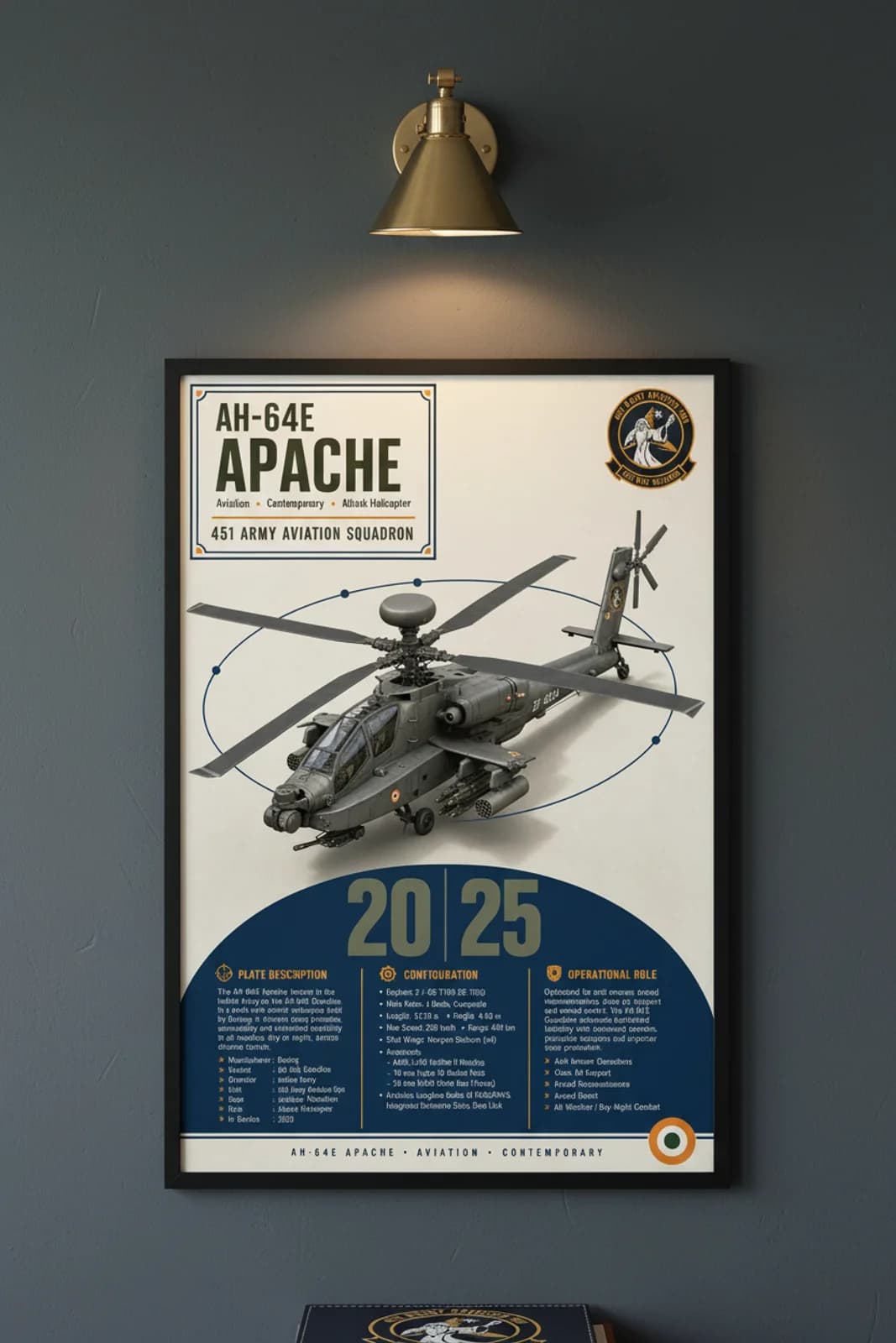 AH-64E Apache aviation poster in black A2 frame on olive-green-grey navy hangar wall — Aviation Heroes mockup