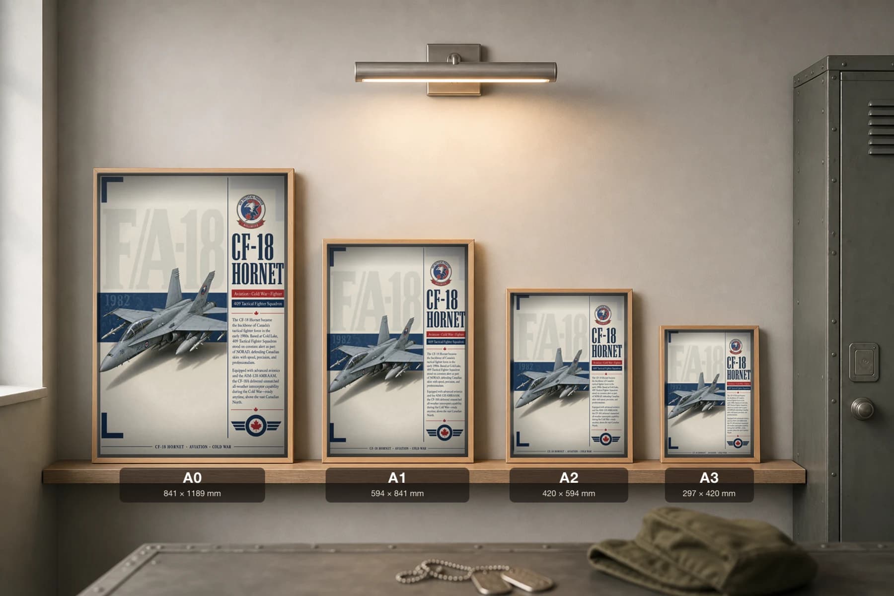 CF-18 Hornet Poster — 409 Tactical Fighter Squadron (Nighthawks) military aviation wall art · framed A2 · 1982 — print size guide showing the artwork at A0, A1, A2 and A3 in natural-oak frames at true relative scale