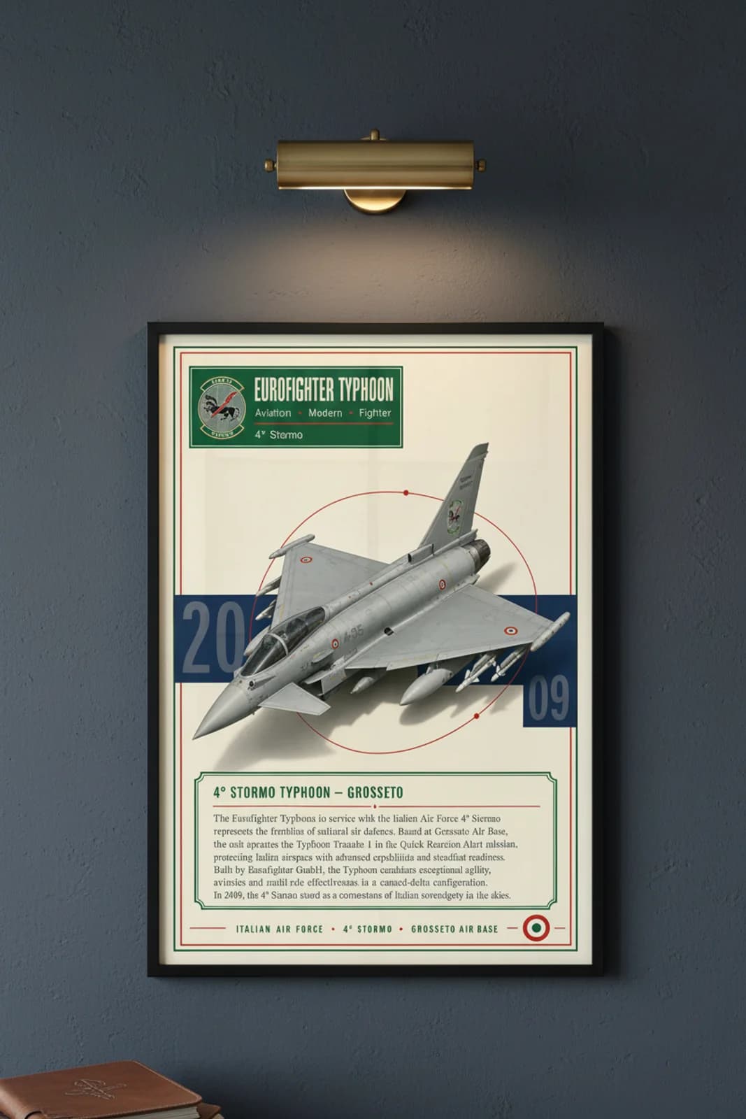 Eurofighter Typhoon aviation poster in black A2 frame on italian-grey navy hangar wall — Aviation Heroes mockup