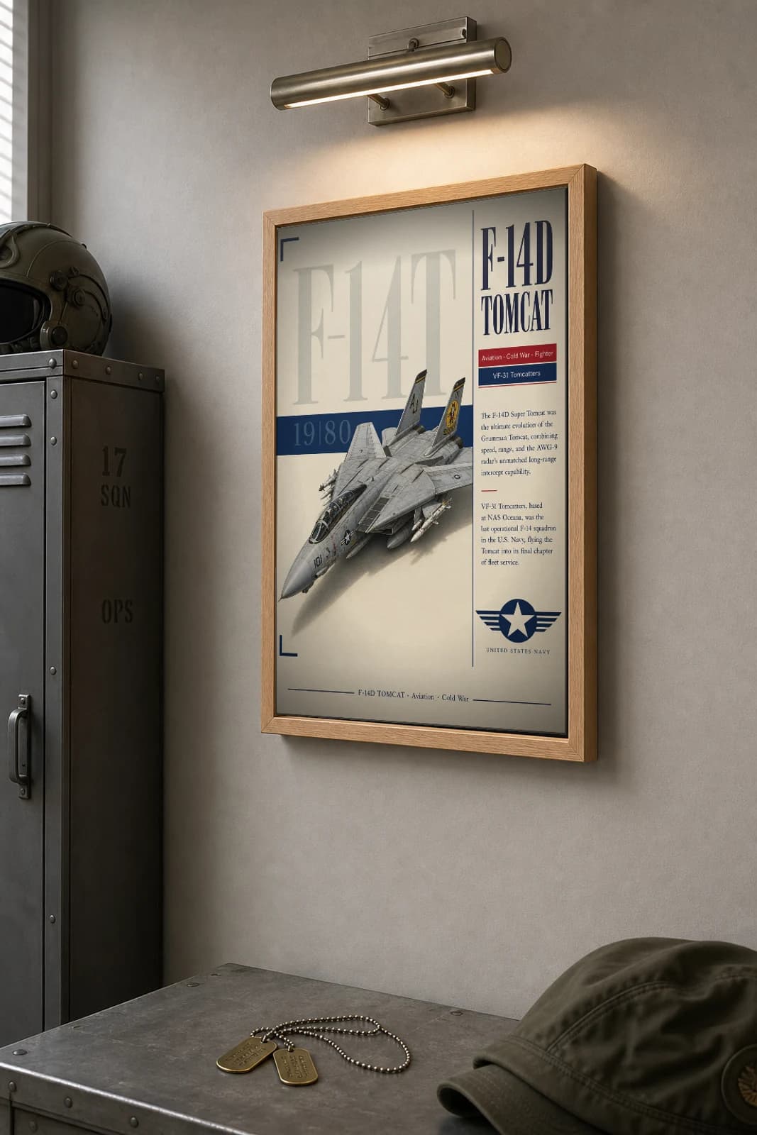 F-14 Tomcat Poster — VF-31 Tomcatters military aviation wall art · framed A2 · 1980–2006 — the framed print shown at a three-quarter angle on a styled gallery wall in a natural-oak frame