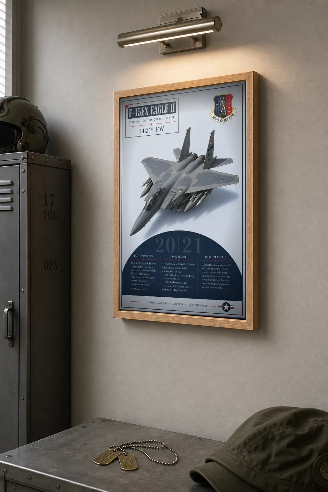 F-15EX Eagle II Poster — 142nd Fighter Wing military aviation wall art · framed A2 · 2021 — the framed print shown at a three-quarter angle on a styled gallery wall in a natural-oak frame