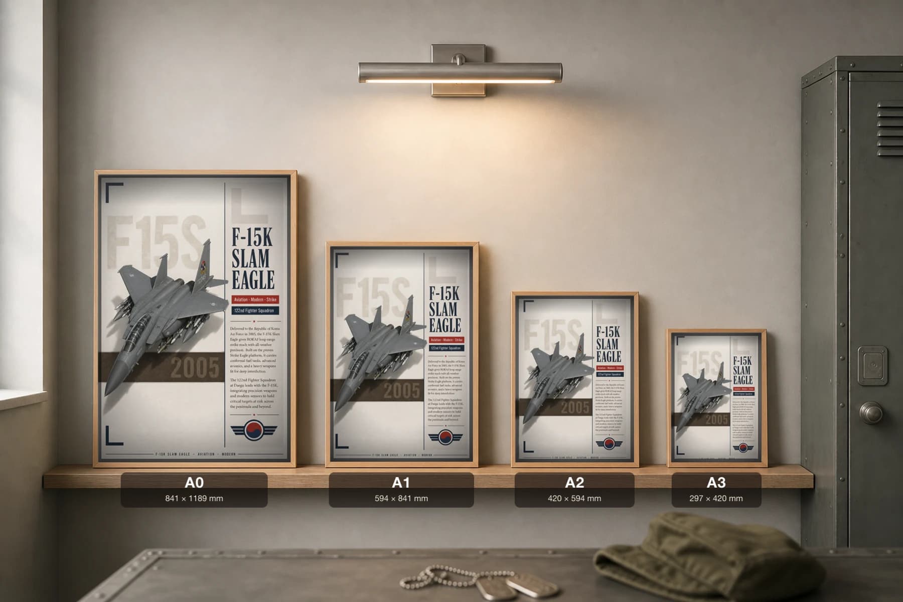 F-15K Slam Eagle Poster — 122nd Fighter Squadron military aviation wall art · framed A2 · 2005 — print size guide showing the artwork at A0, A1, A2 and A3 in natural-oak frames at true relative scale