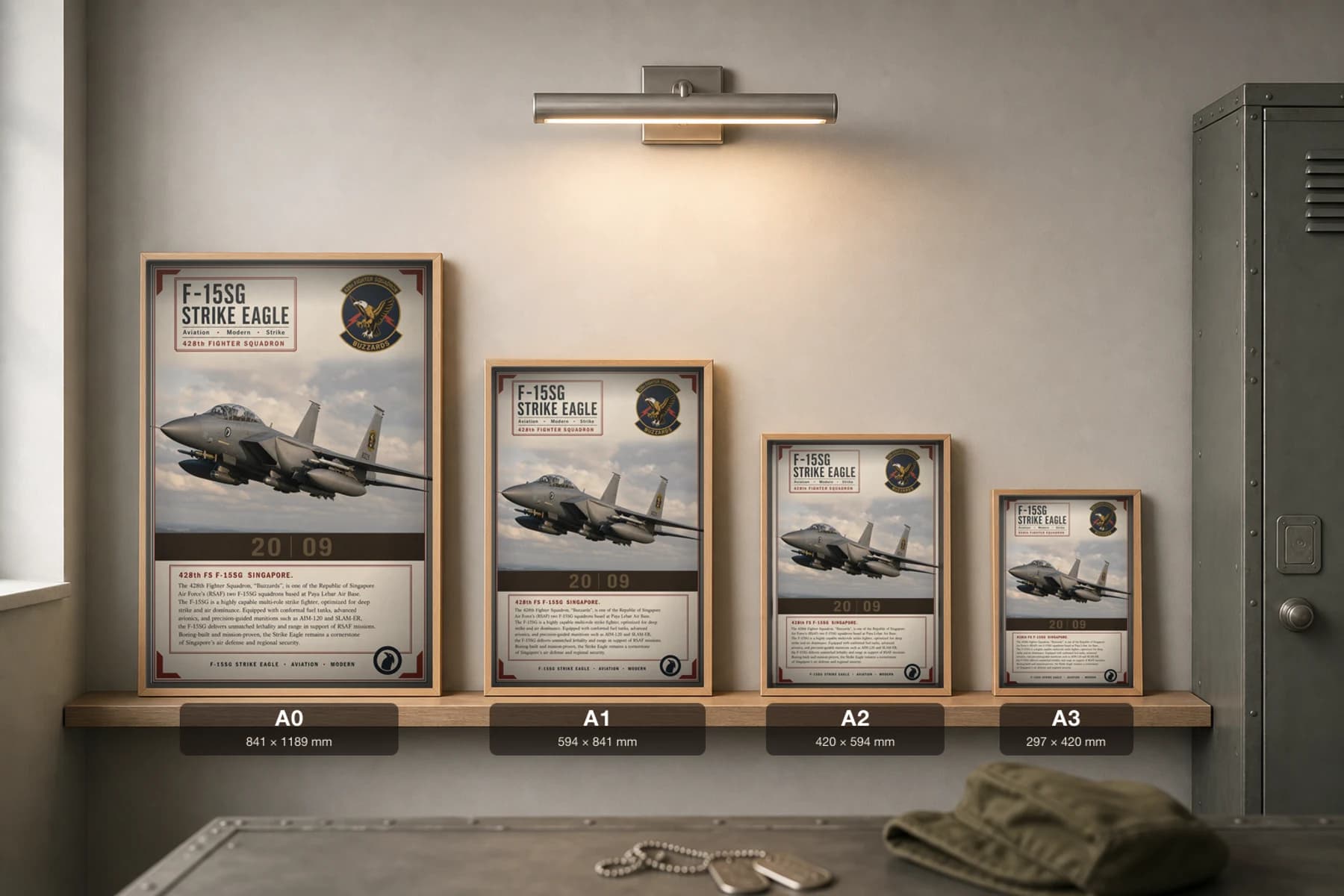 F-15SG Strike Eagle Poster — 428th Fighter Squadron military aviation wall art · framed A2 · 2009 — print size guide showing the artwork at A0, A1, A2 and A3 in natural-oak frames at true relative scale
