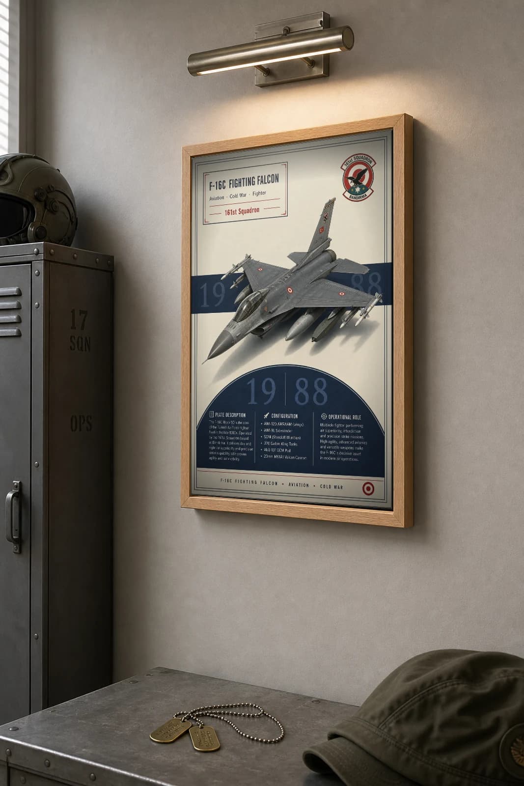 F-16C Fighting Falcon Poster — 161st Squadron military aviation wall art · framed A2 · 1988 — the framed print shown at a three-quarter angle on a styled gallery wall in a natural-oak frame