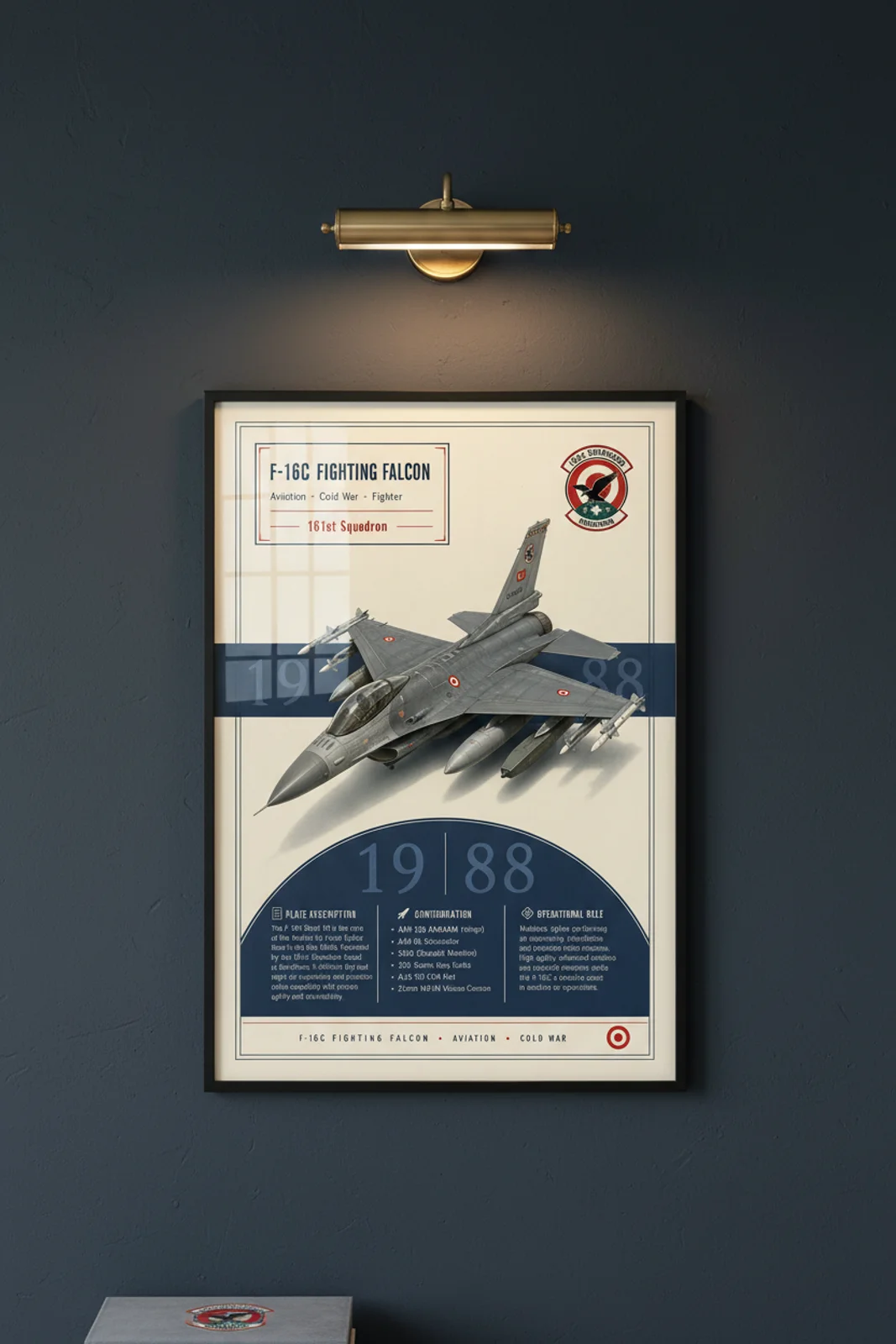 F-16C Viper aviation poster in black A2 frame on turkish-grey navy hangar wall — Aviation Heroes mockup