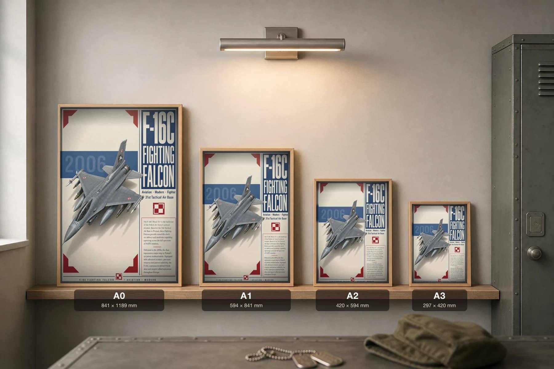 F-16 Fighting Falcon Poster — 31st Tactical Air Base military aviation wall art · framed A2 · 2006 — print size guide showing the artwork at A0, A1, A2 and A3 in natural-oak frames at true relative scale