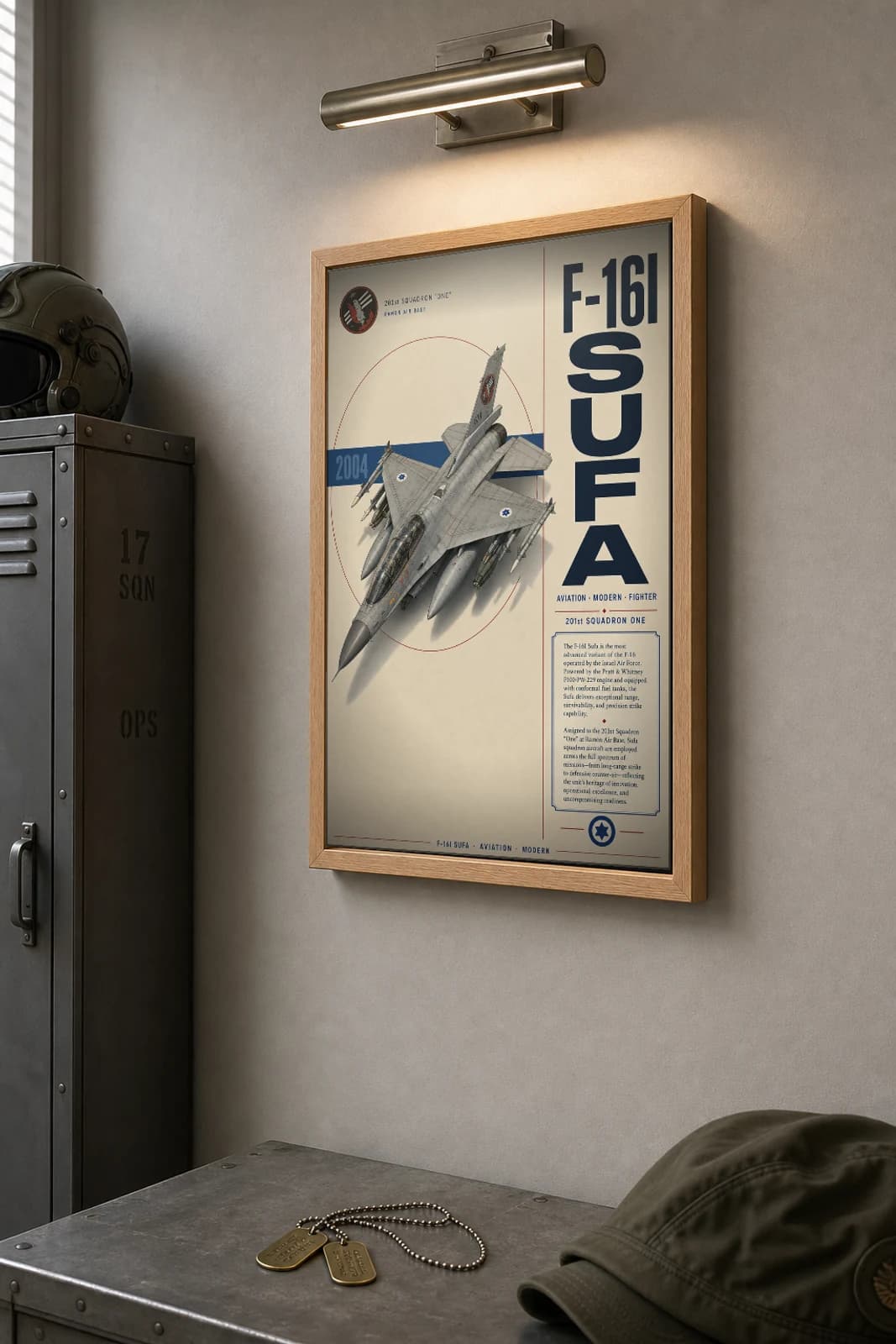 F-16I Sufa Poster — 201st Squadron One military aviation wall art · framed A2 · 2004 — the framed print shown at a three-quarter angle on a styled gallery wall in a natural-oak frame