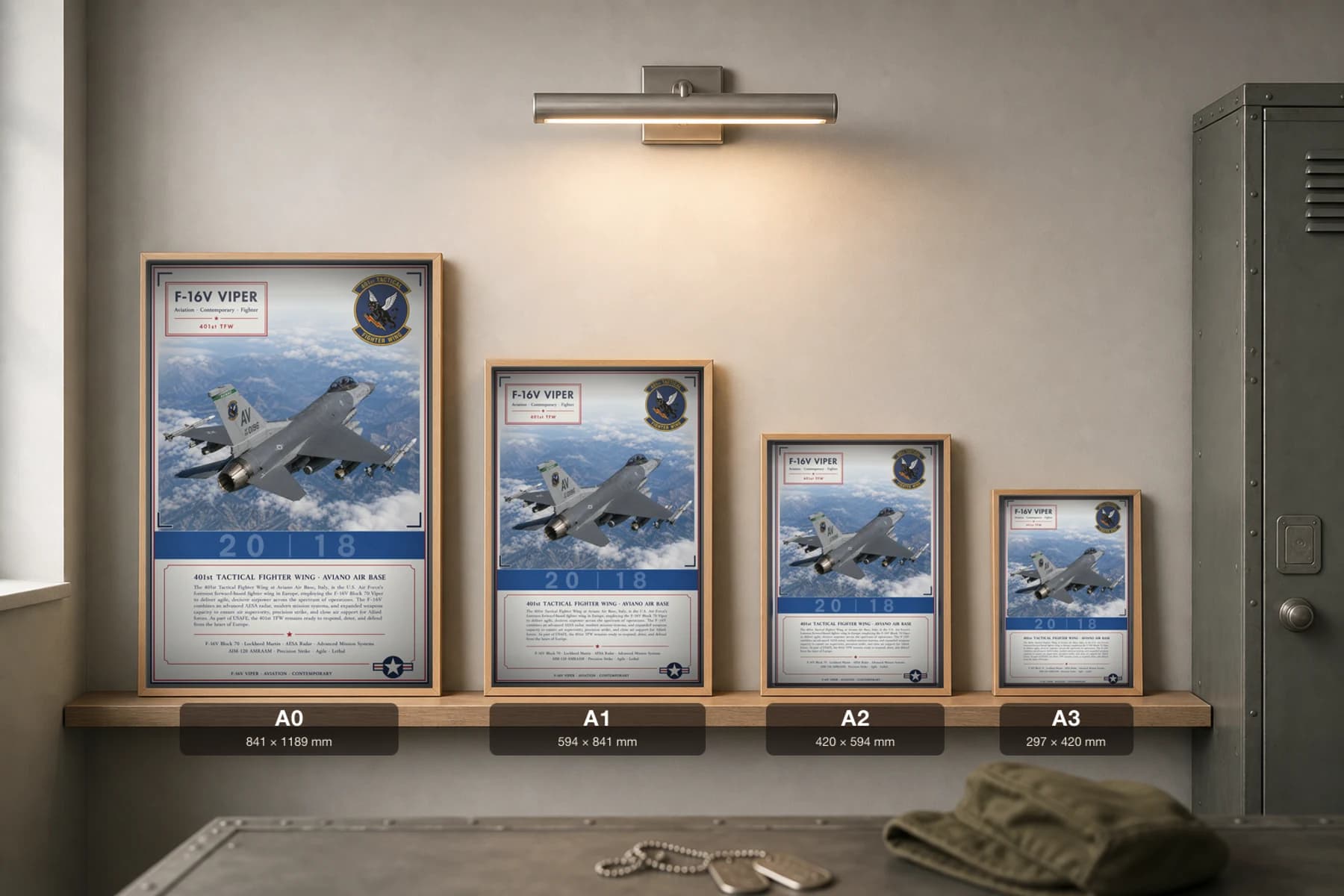F-16V VIPER Poster — 401st TFW military aviation wall art · framed A2 · 2018 — print size guide showing the artwork at A0, A1, A2 and A3 in natural-oak frames at true relative scale