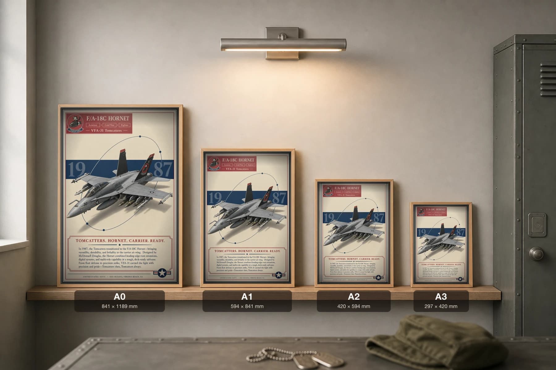 F/A-18 Hornet Poster — VFA-31 Tomcatters military aviation wall art · framed A2 · 1987 — print size guide showing the artwork at A0, A1, A2 and A3 in natural-oak frames at true relative scale