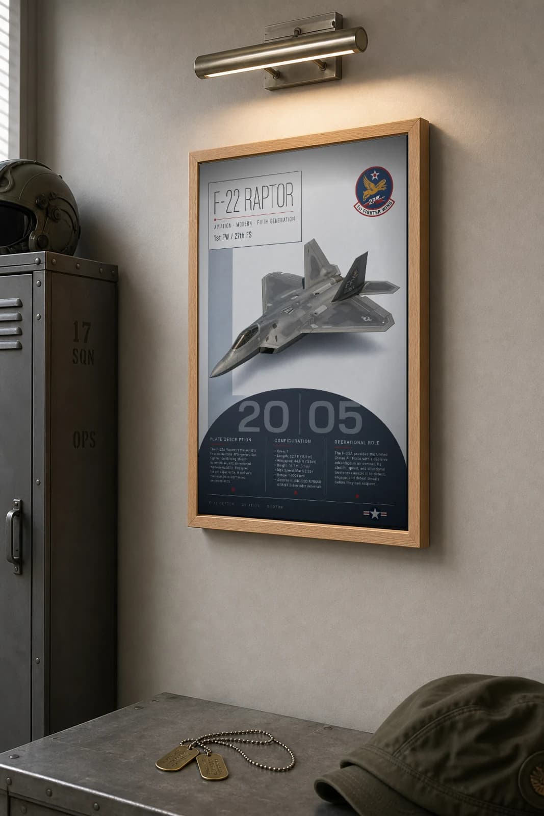 F-22 Raptor Poster — 1st FW / 27th FS military aviation wall art · framed A2 · 2005 — the framed print shown at a three-quarter angle on a styled gallery wall in a natural-oak frame