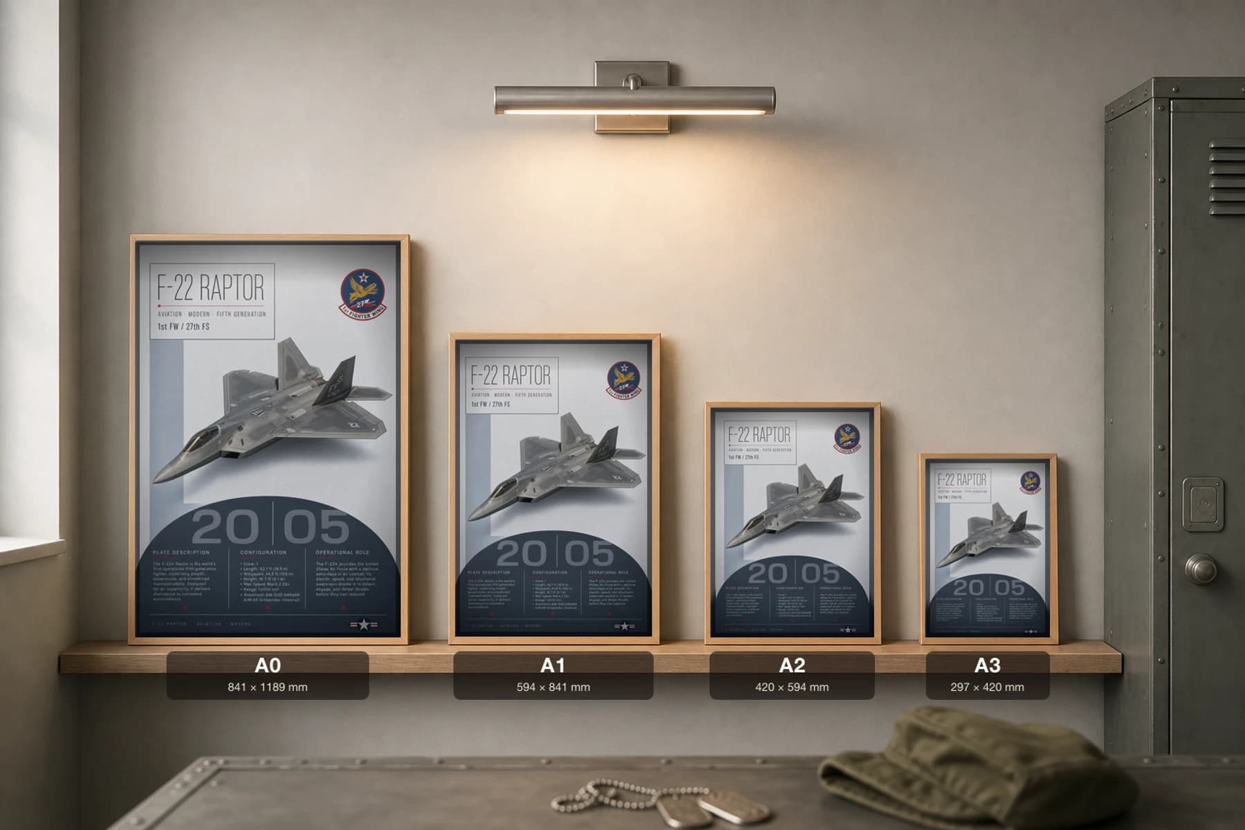 F-22 Raptor Poster — 1st FW / 27th FS military aviation wall art · framed A2 · 2005 — print size guide showing the artwork at A0, A1, A2 and A3 in natural-oak frames at true relative scale