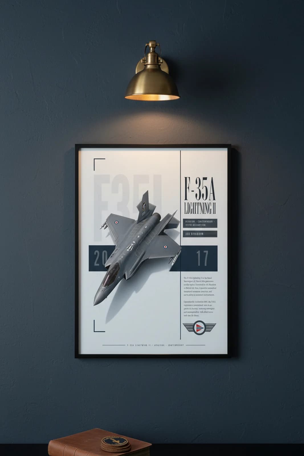 F-35A Norway aviation poster in black A2 frame on matte-stealth-grey navy hangar wall — Aviation Heroes mockup
