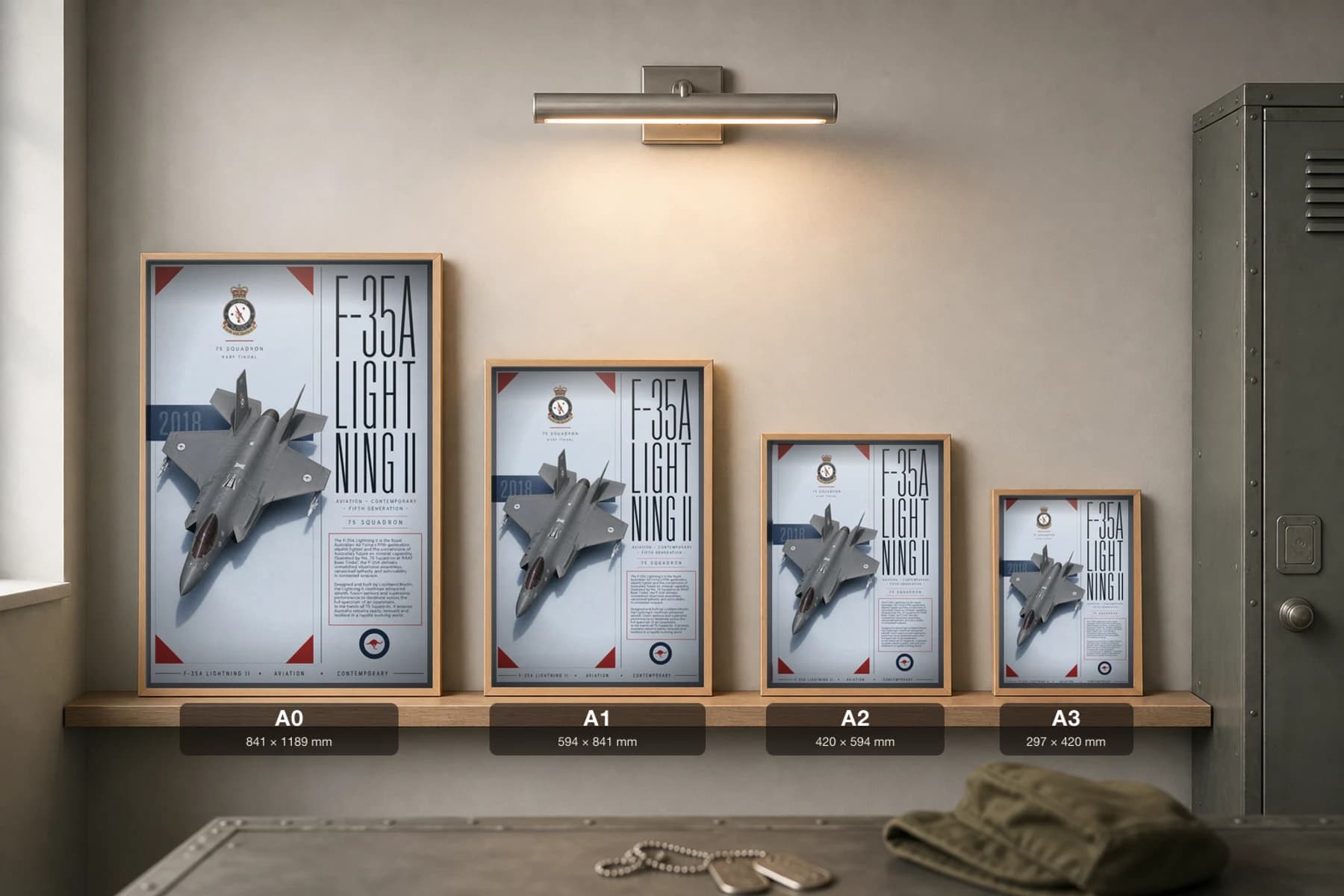 F-35 Lightning II Poster — 75 Squadron military aviation wall art · framed A2 · 2018 — print size guide showing the artwork at A0, A1, A2 and A3 in natural-oak frames at true relative scale
