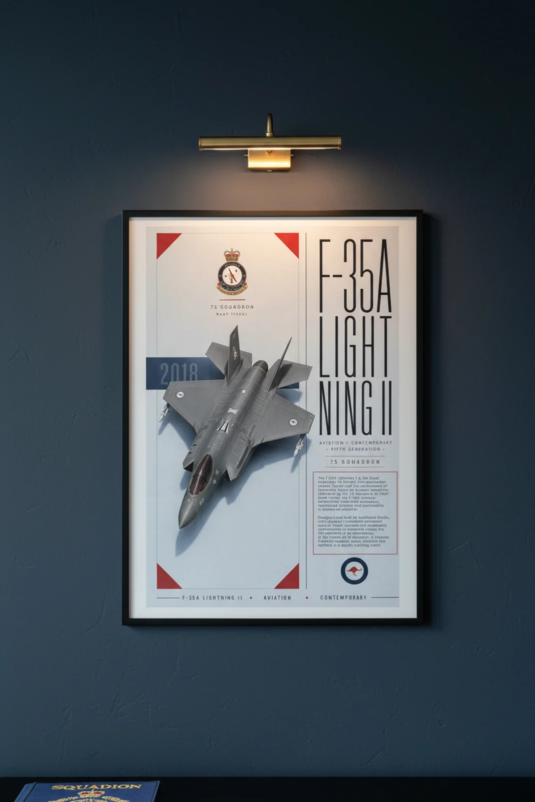 F-35A Lightning II aviation poster in black A2 frame on blue-grey navy hangar wall — Aviation Heroes mockup
