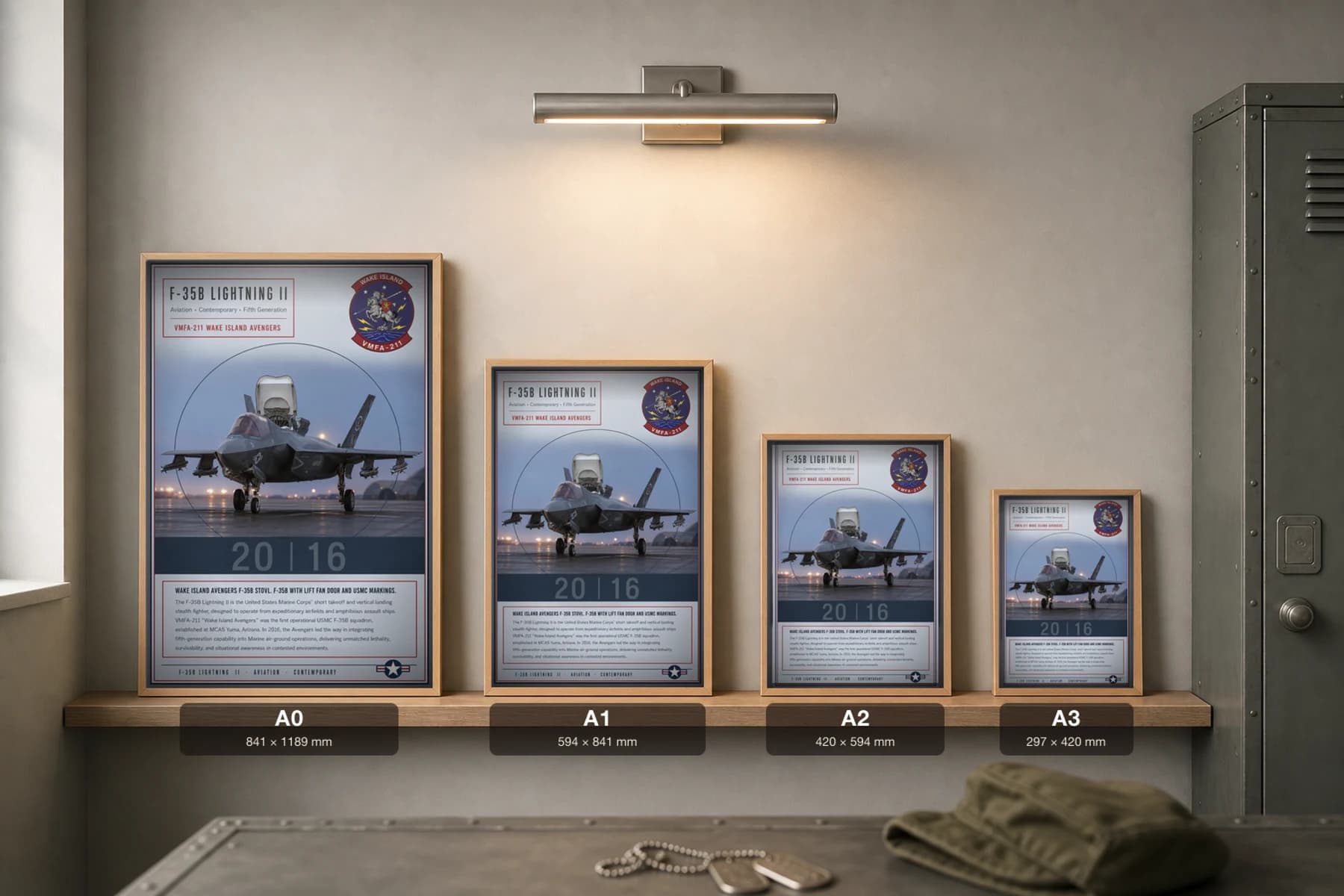 F-35B Lightning II Poster — VMFA-211 Wake Island Avengers military aviation wall art · framed A2 · 2016 — print size guide showing the artwork at A0, A1, A2 and A3 in natural-oak frames at true relative scale