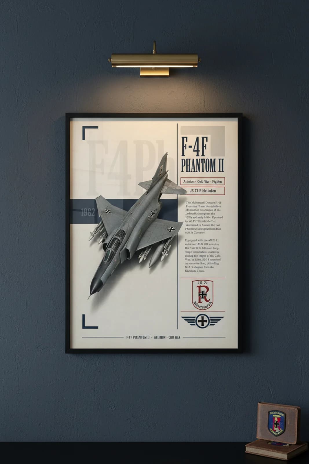 F-4F Phantom II aviation poster in black A2 frame on luftwaffe-grey navy hangar wall — Aviation Heroes mockup