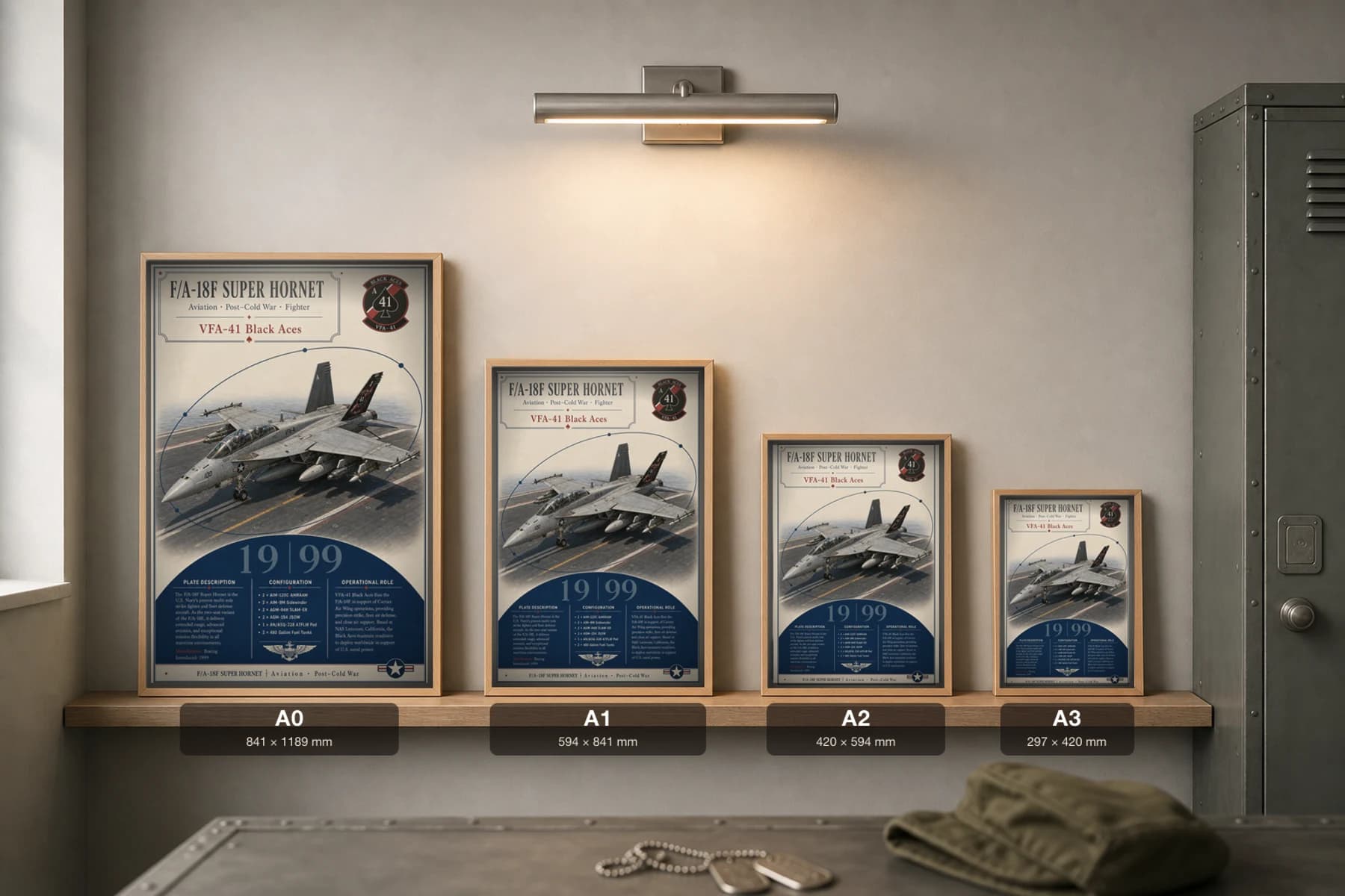 F/A-18F Super Hornet Poster — VFA-41 Black Aces military aviation wall art · framed A2 · 1999 — print size guide showing the artwork at A0, A1, A2 and A3 in natural-oak frames at true relative scale