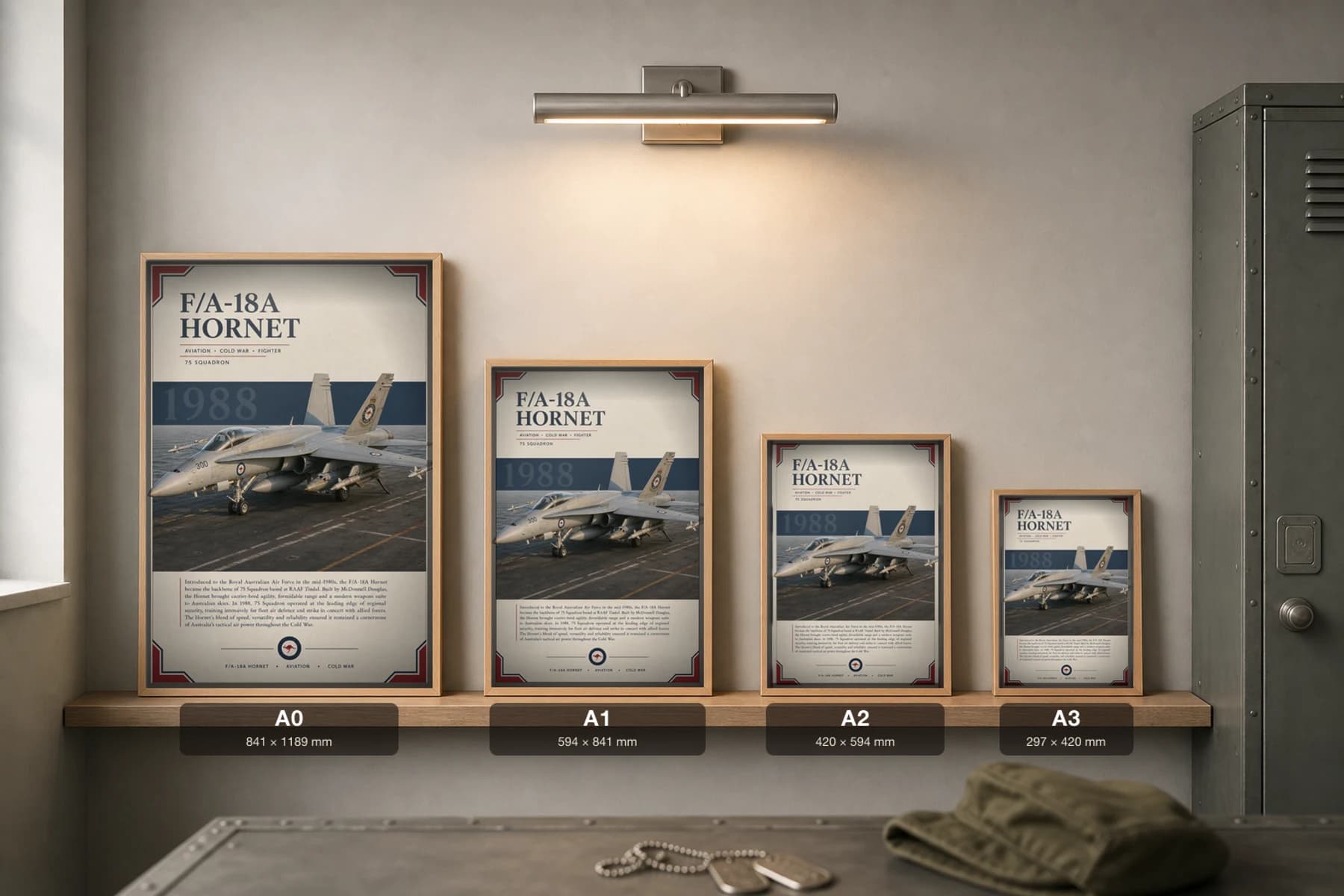 F/A-18A Hornet Poster — 75 Squadron Magpies military aviation wall art · framed A2 · 1988 — print size guide showing the artwork at A0, A1, A2 and A3 in natural-oak frames at true relative scale