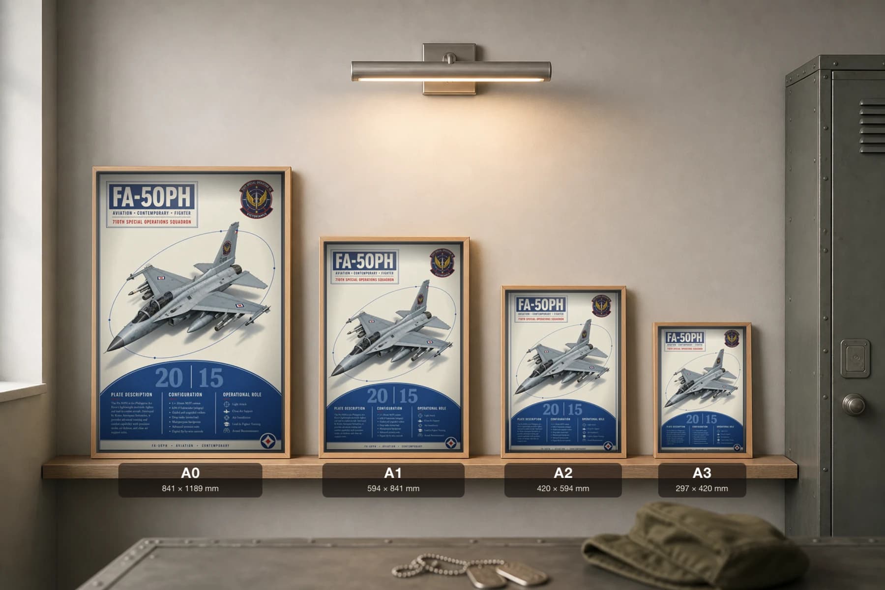 FA-50PH Golden Eagle Poster — 710th Special Operations Squadron military aviation wall art · framed A2 · 2015 — print size guide showing the artwork at A0, A1, A2 and A3 in natural-oak frames at true relative scale