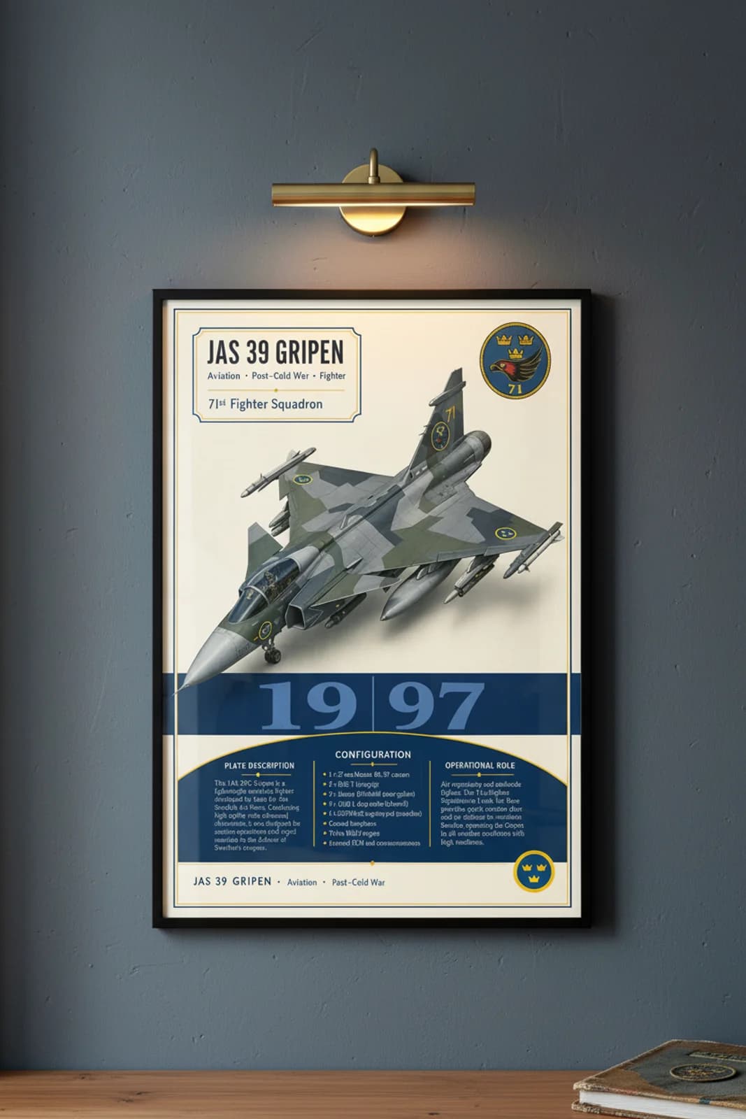 JAS 39 Gripen aviation poster in black A2 frame on splinter-grey navy hangar wall — Aviation Heroes mockup